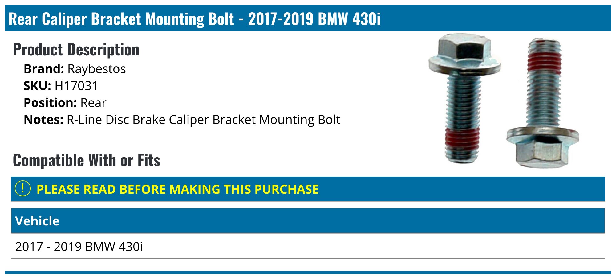 2017-2019 BMW 430i Caliper Bracket Mounting Bolt - Raybestos H17031 ...