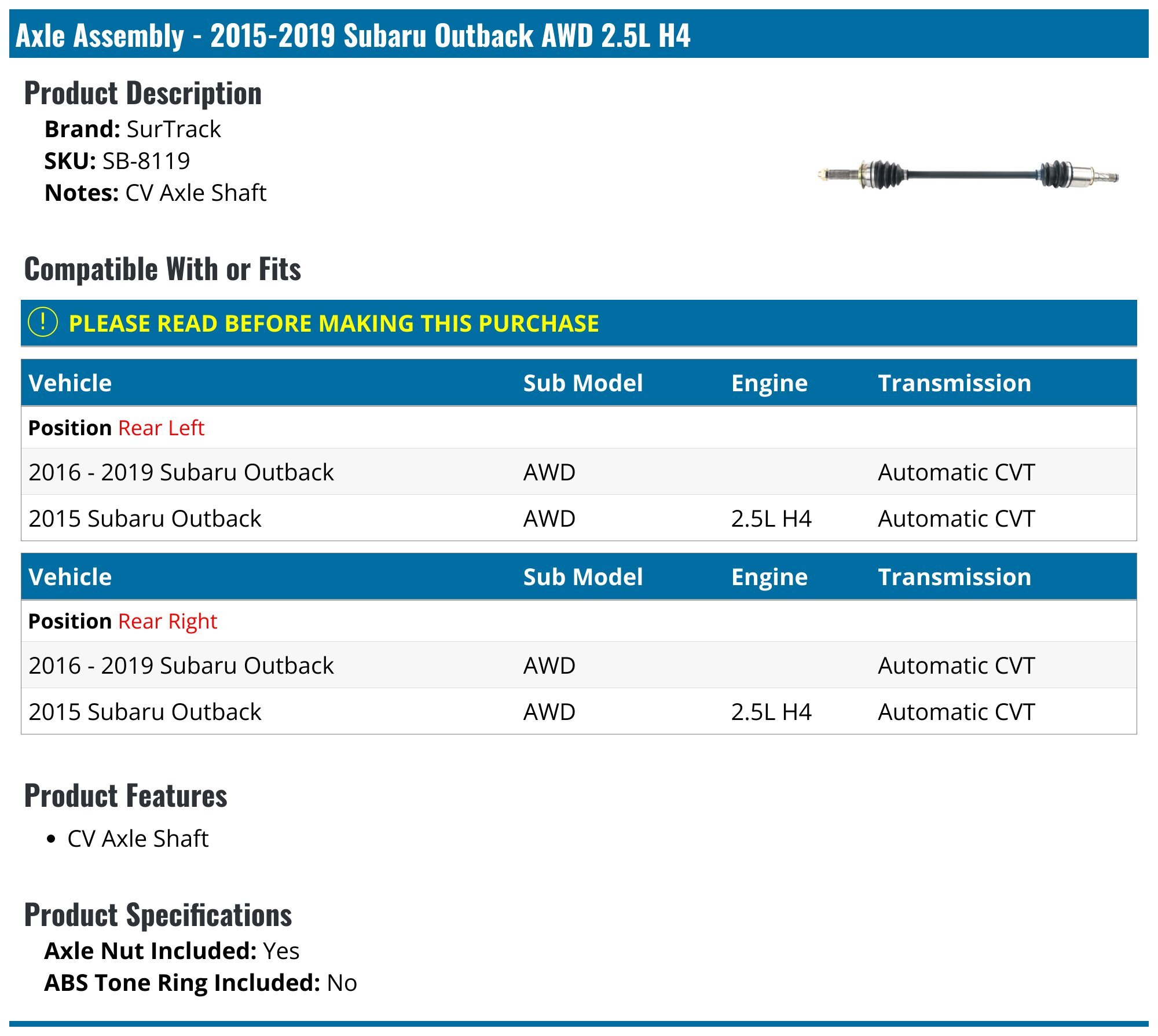 2015-2019 Subaru Outback Axle Assembly - SurTrack SB-8119 - Rear ...