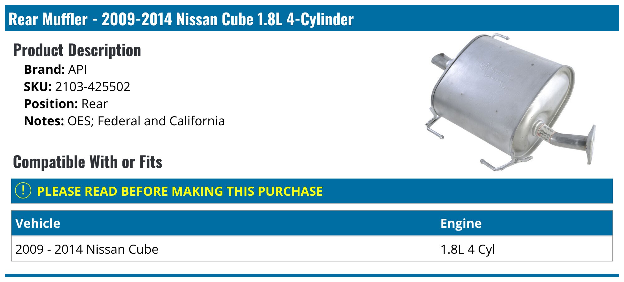 Stainless Steel Rear Muffler For 2009-2014 Nissan Cube 1.8L – Direct Fit Replacement By Northeastern Exhaust