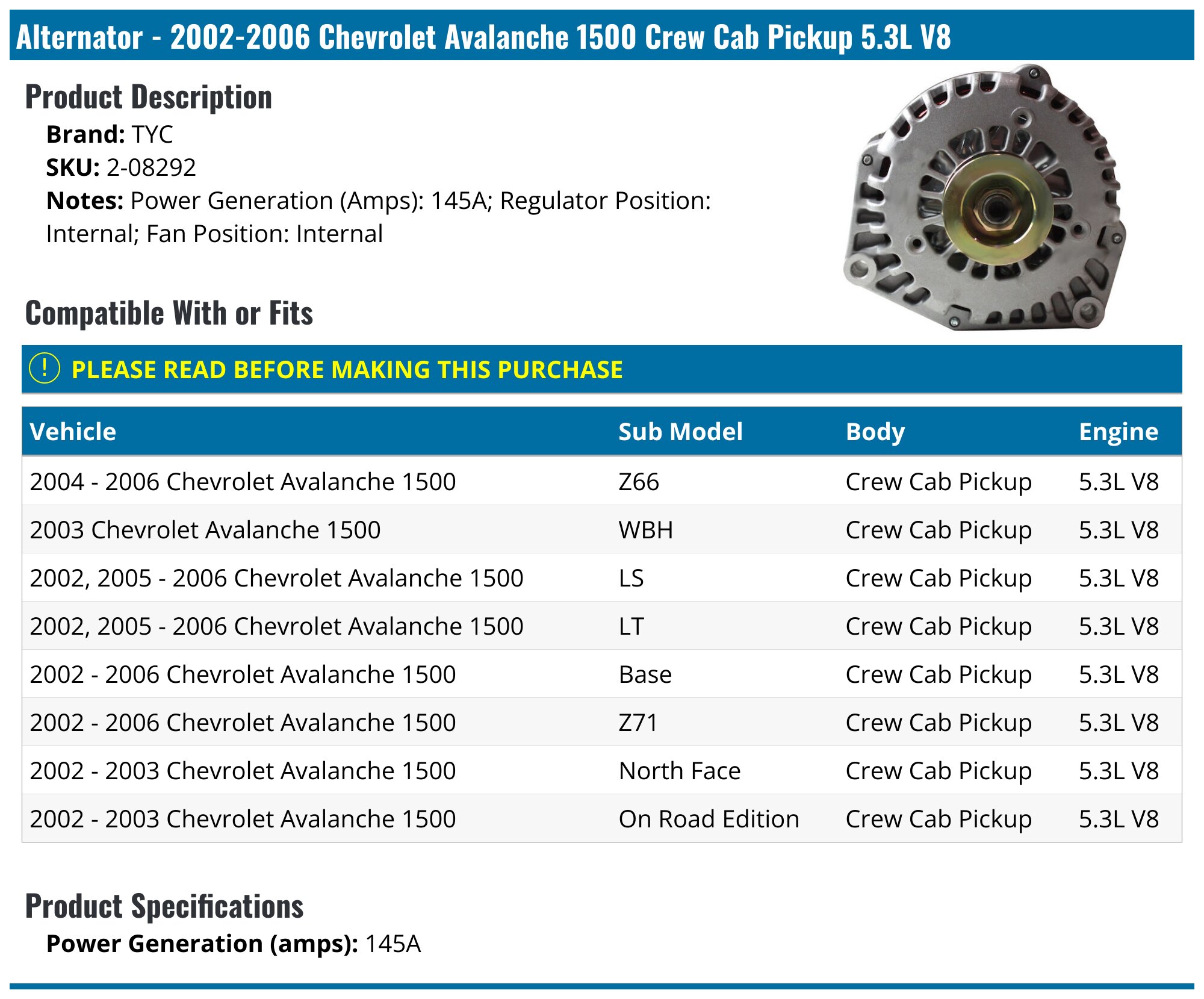 Alternator for Chevrolet Auto and Light Truck Avalanche 1500 2002-2004 5.3L V8
