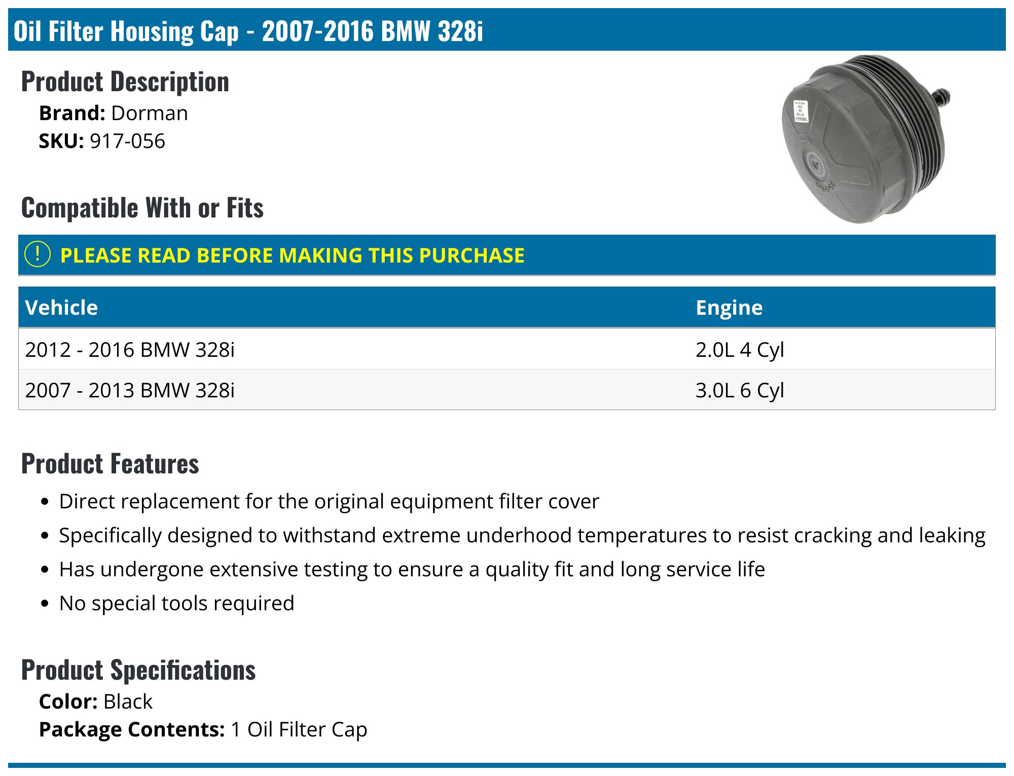 20072016 BMW 328i Oil Filter Housing Cap Dorman 917056