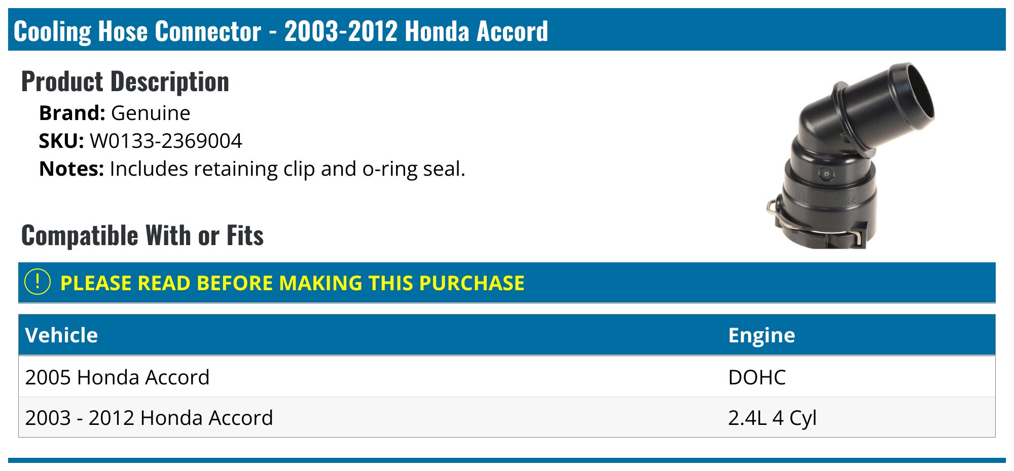 Coolant Quick Connector For Honda Accord CR-V Element Lower Radiator Hose Quick Connector For Honda Accord, CR-V, Element, Acura TSX, RDX Acura TSX RDX Coolant Fitting