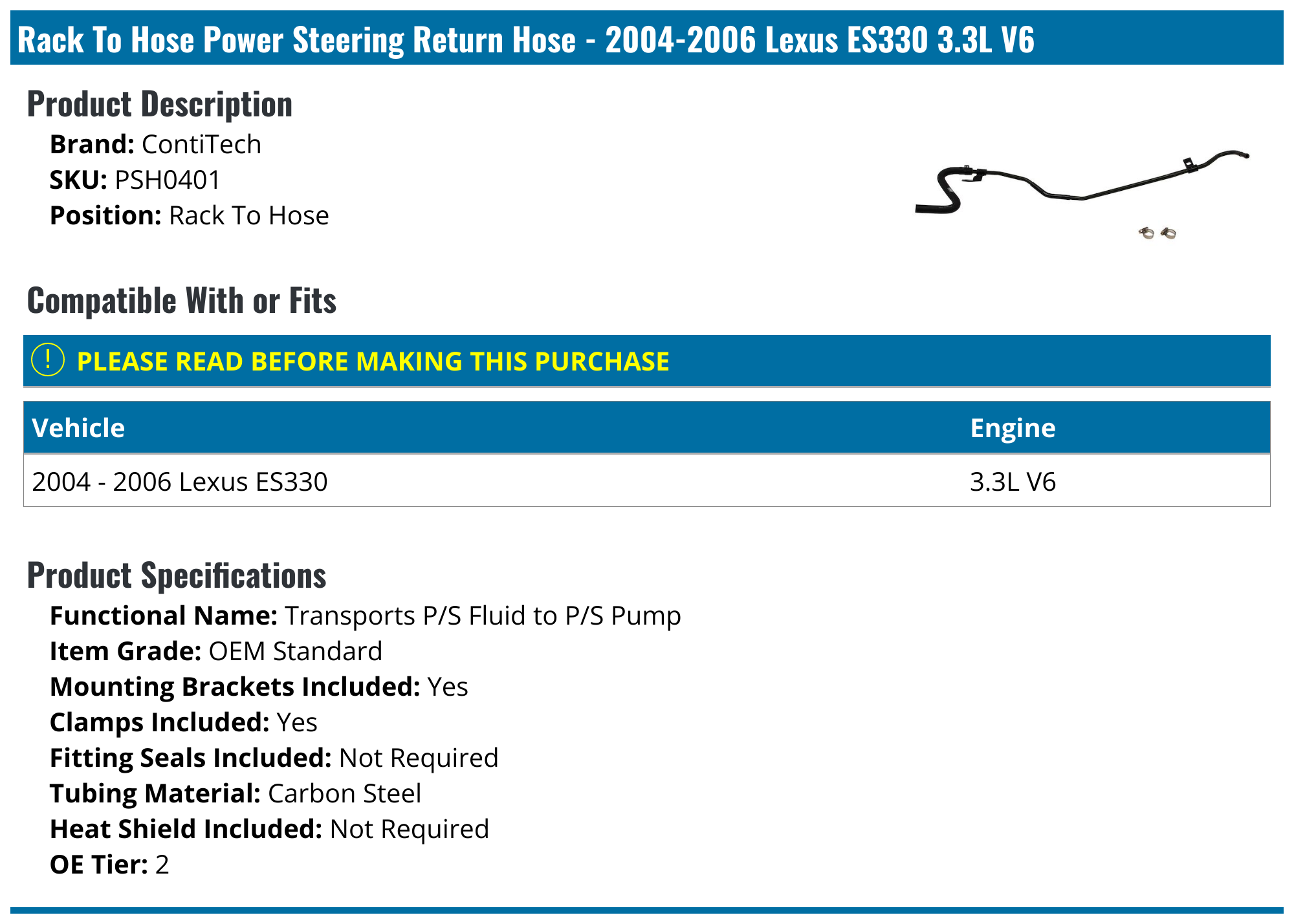 20042006 Lexus ES330 Power Steering Return Hose ContiTech PSH0401
