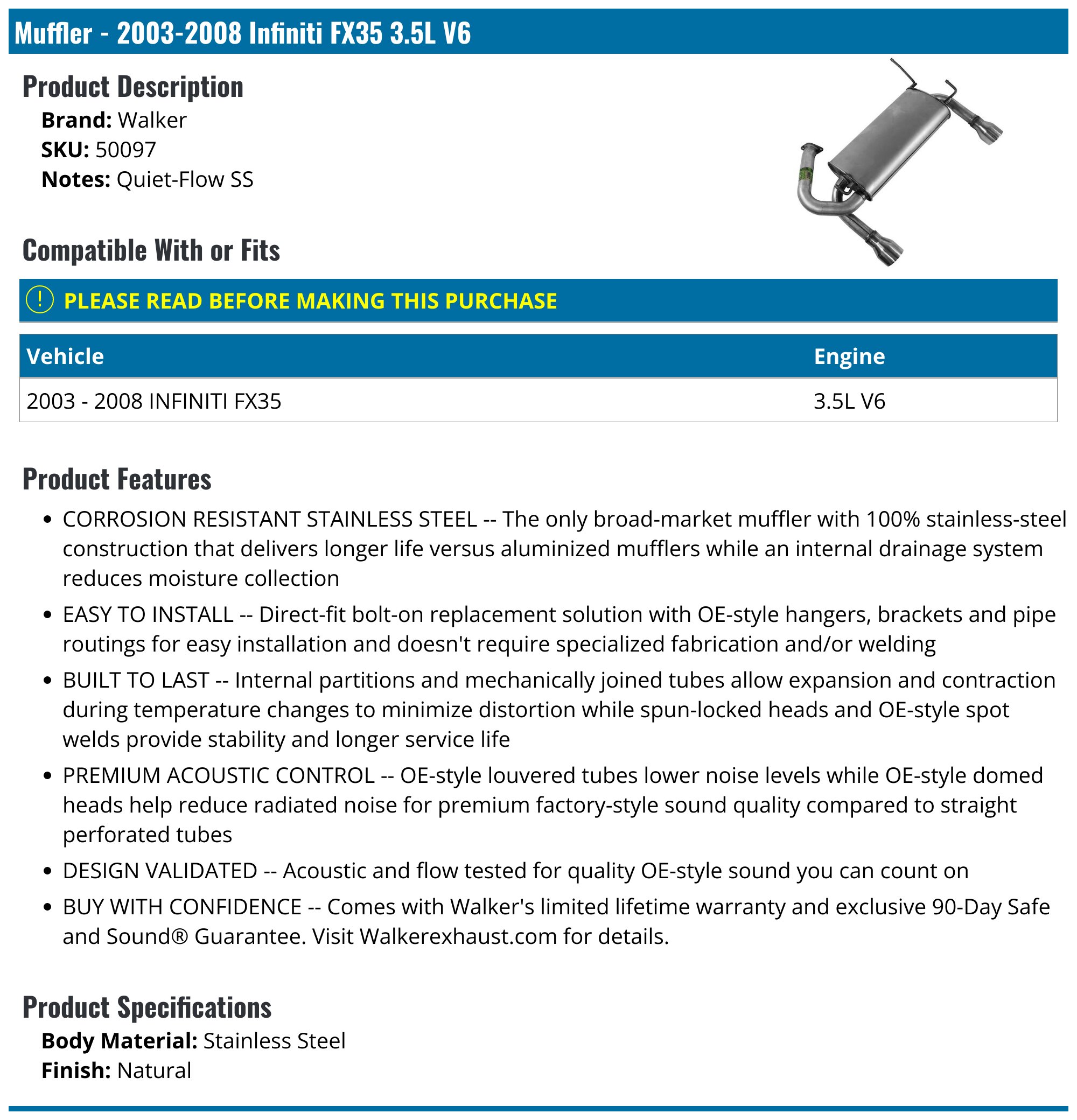 Northeastern Exhaust Stainless Steel Cat-Back Exhaust System For 2003-2008 Infiniti FX35 3.5L – Y-Pipe, Resonator, Muffler Kit