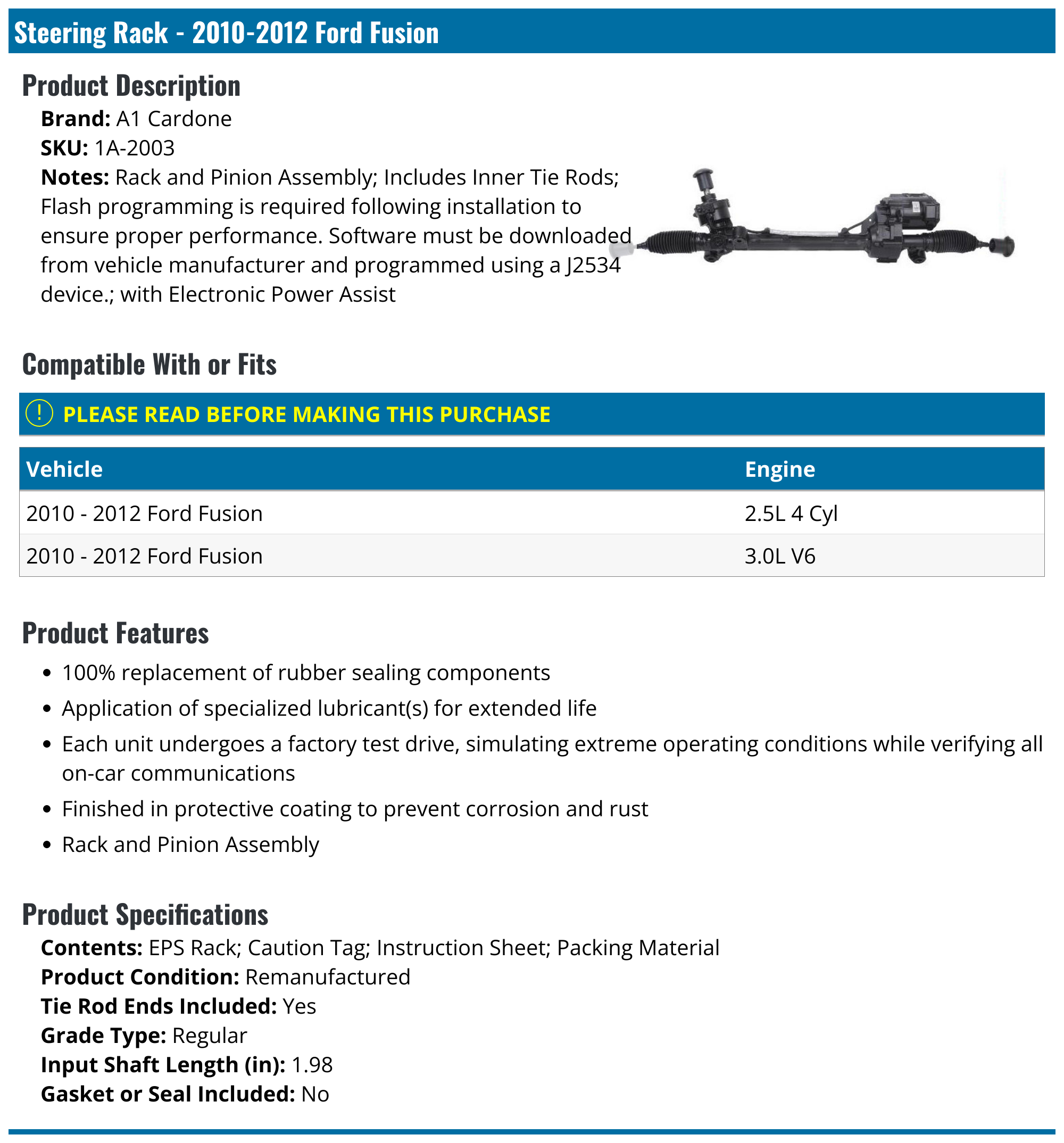 20102012 Ford Fusion Steering Rack A1 Cardone 1A2003