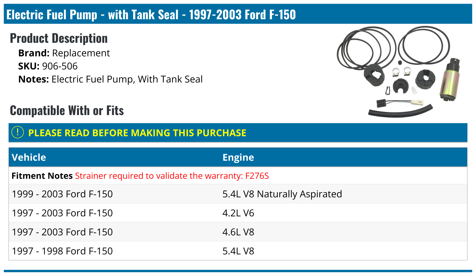 Ford F150 Fuel Pump - Gas Pumps - Autopart Premium Delphi Replacement  Carter TRQ DriveBolt Bosch Brock - 1995 1996 2013 2004 1994 2011 1993 2008  95 96 13 04 94 11 93 08 - PartsGeek, image size:2000x1161
