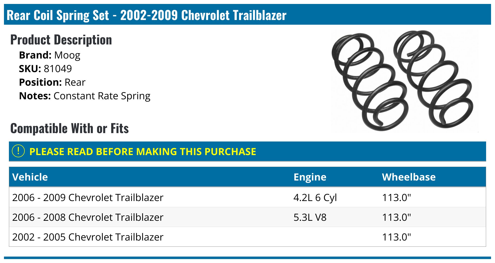 Rear Coil Spring Set (2) For Chevy Trailblazer 02-09, GMC Envoy 02-08, Buick Rainier, Oldsmobile Bravada