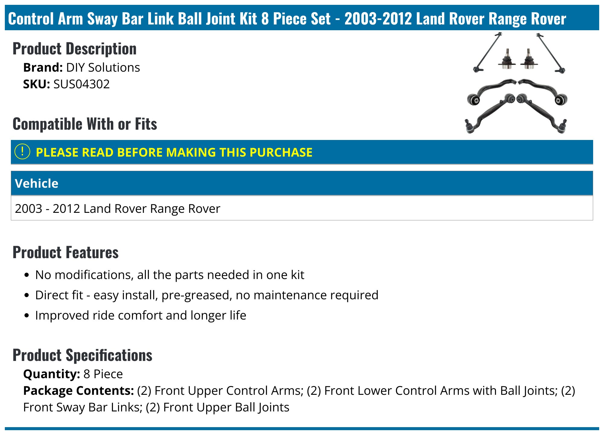 TOPICKSAP Front Upper Lower Control Arm Ball Joint Sway Bar Link 8pcs Kits for Land Rover Range