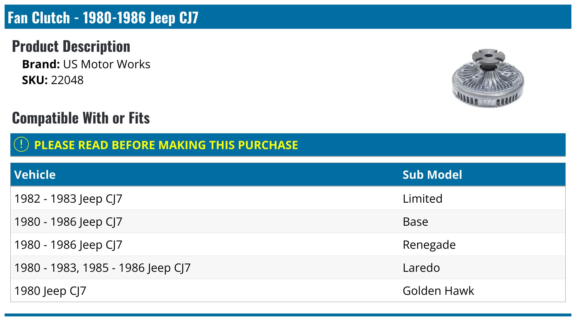 19801986 Jeep CJ7 Fan Clutch US Motor Works 22048