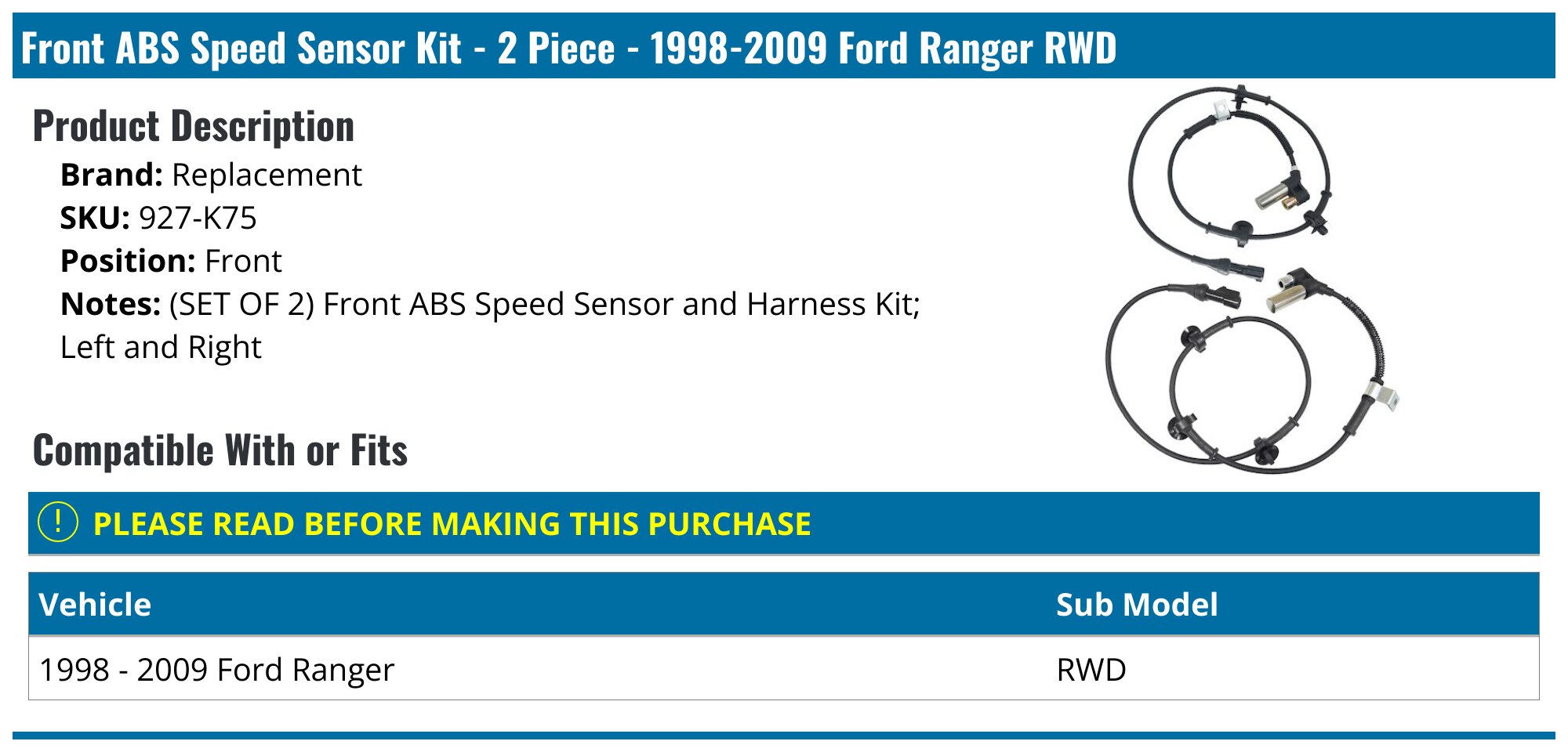 1998-2009 Ford Ranger ABS Speed Sensor - Replacement 927-K75 - Front ...