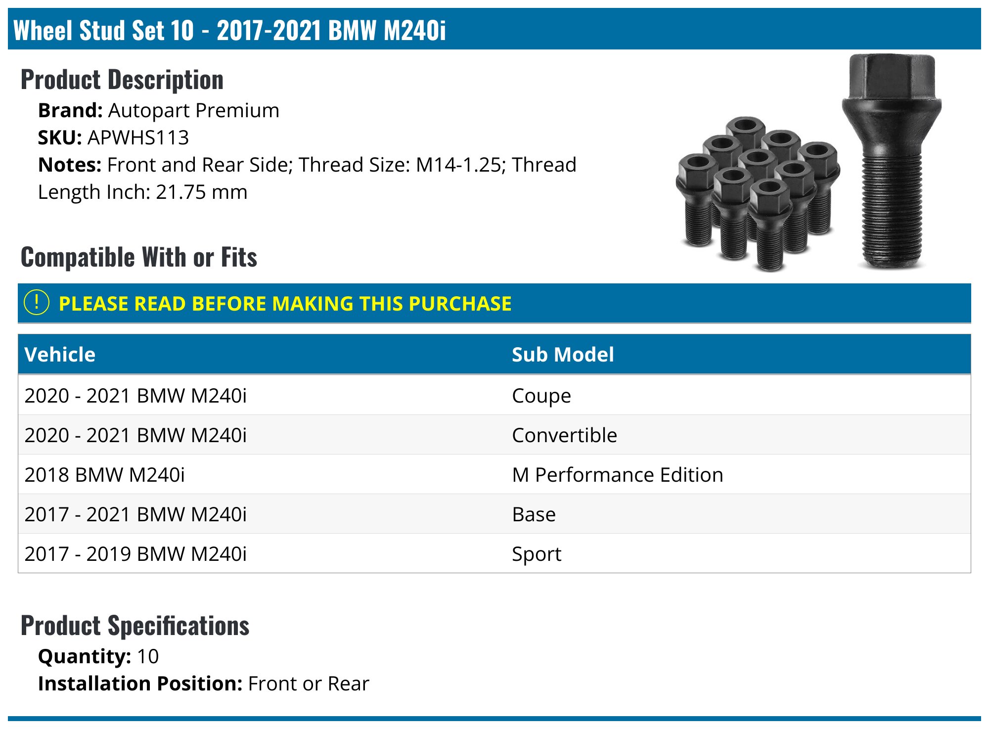 2017-2021 BMW M240i Lug Bolt - Autopart Premium APWHS113 - Front or ...
