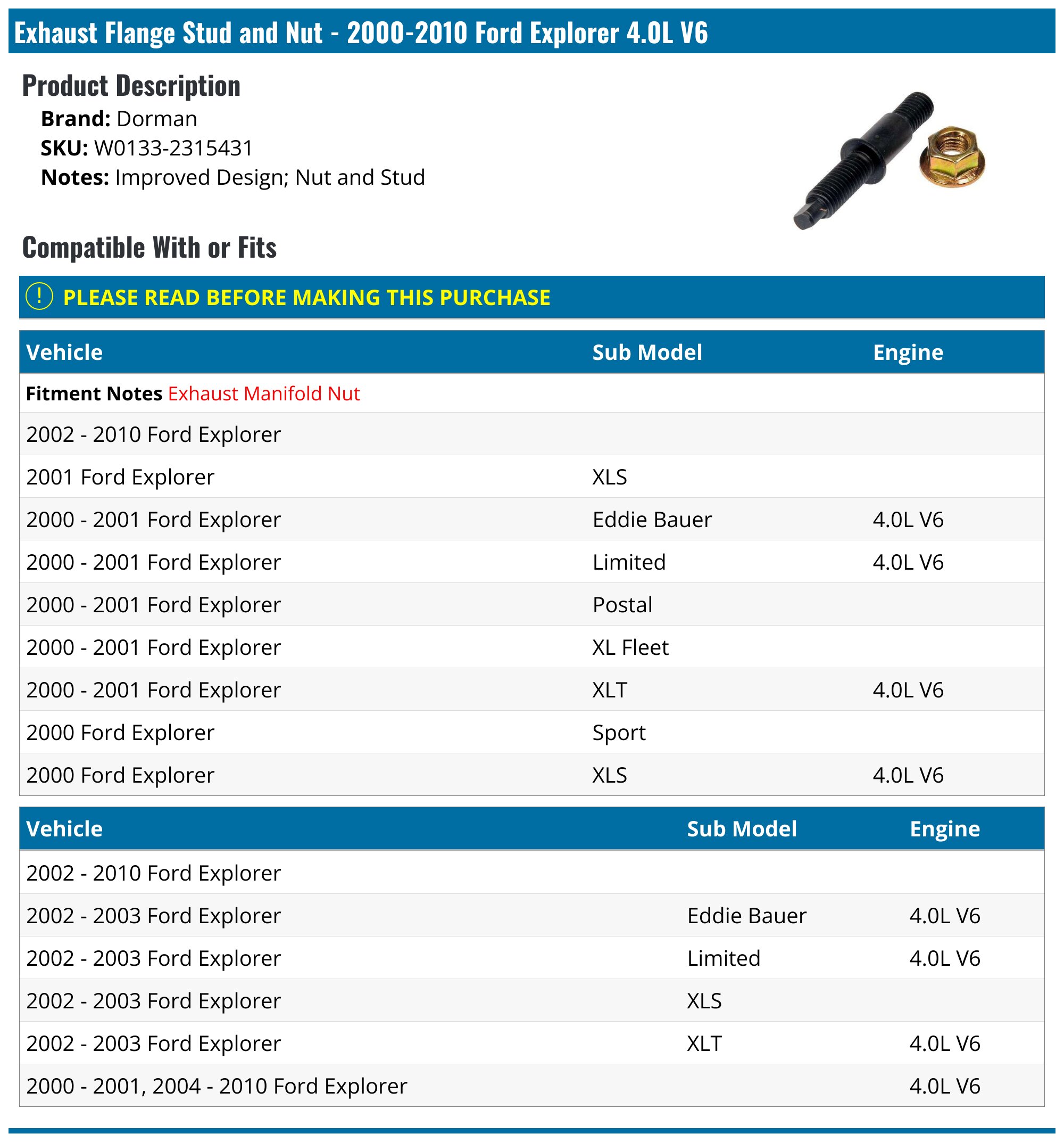 20002010 Ford Explorer Exhaust Flange Stud and Nut Dorman W0133