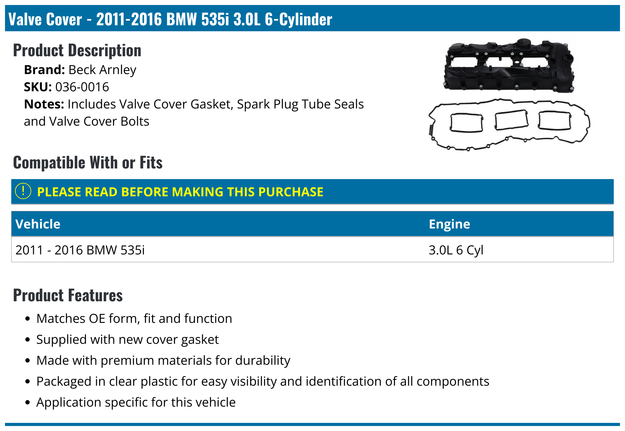 20112016 BMW 535i Valve Cover Beck Arnley 0360016