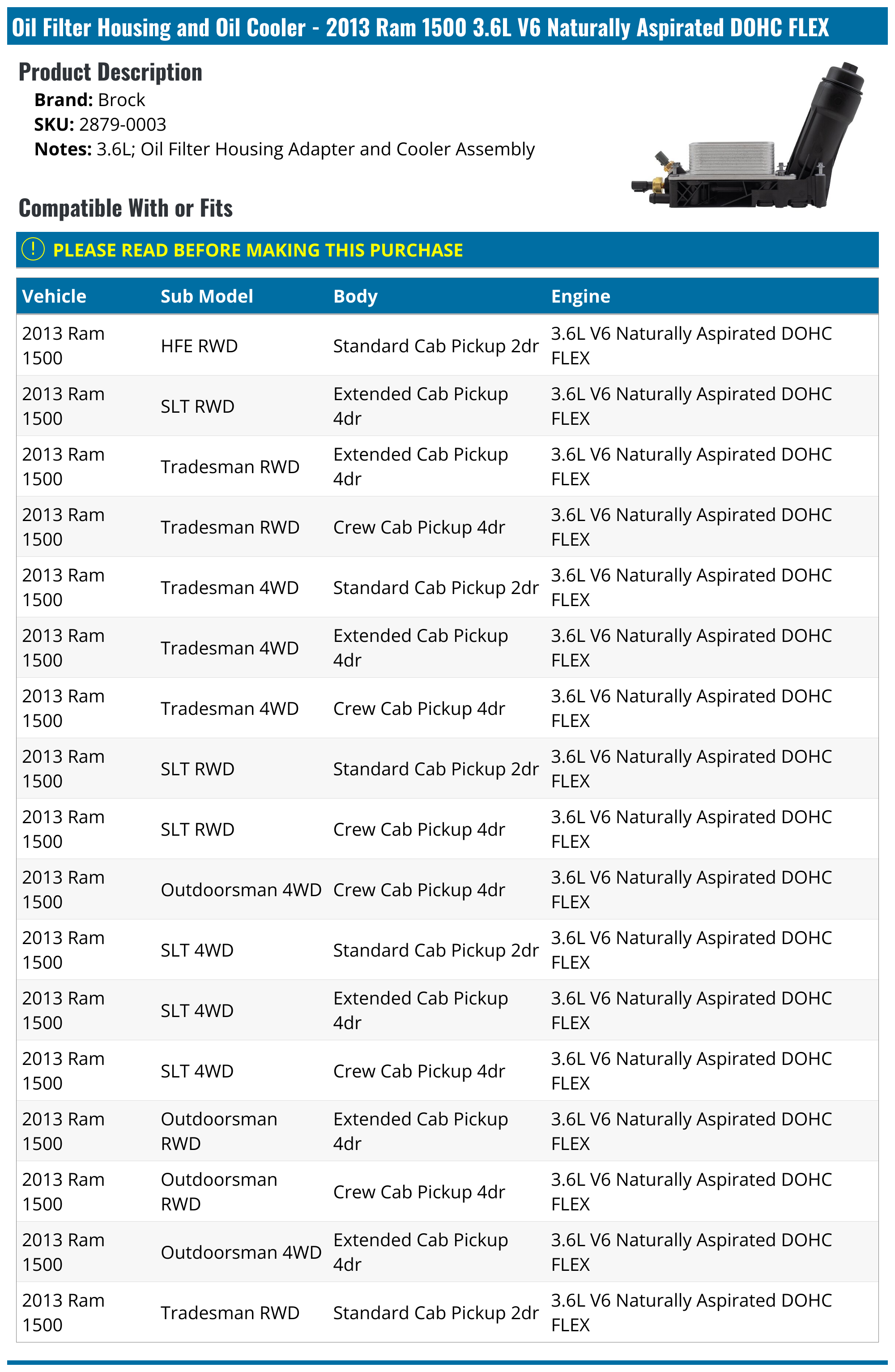 2013 Ram 1500 Oil Filter Housing Brock 28790003