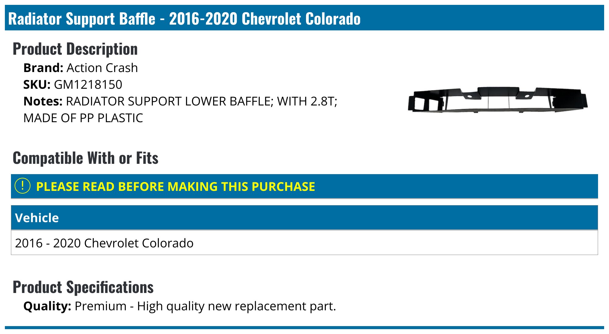 2016-2020 Chevrolet Colorado Radiator Support Baffle - Action Crash ...
