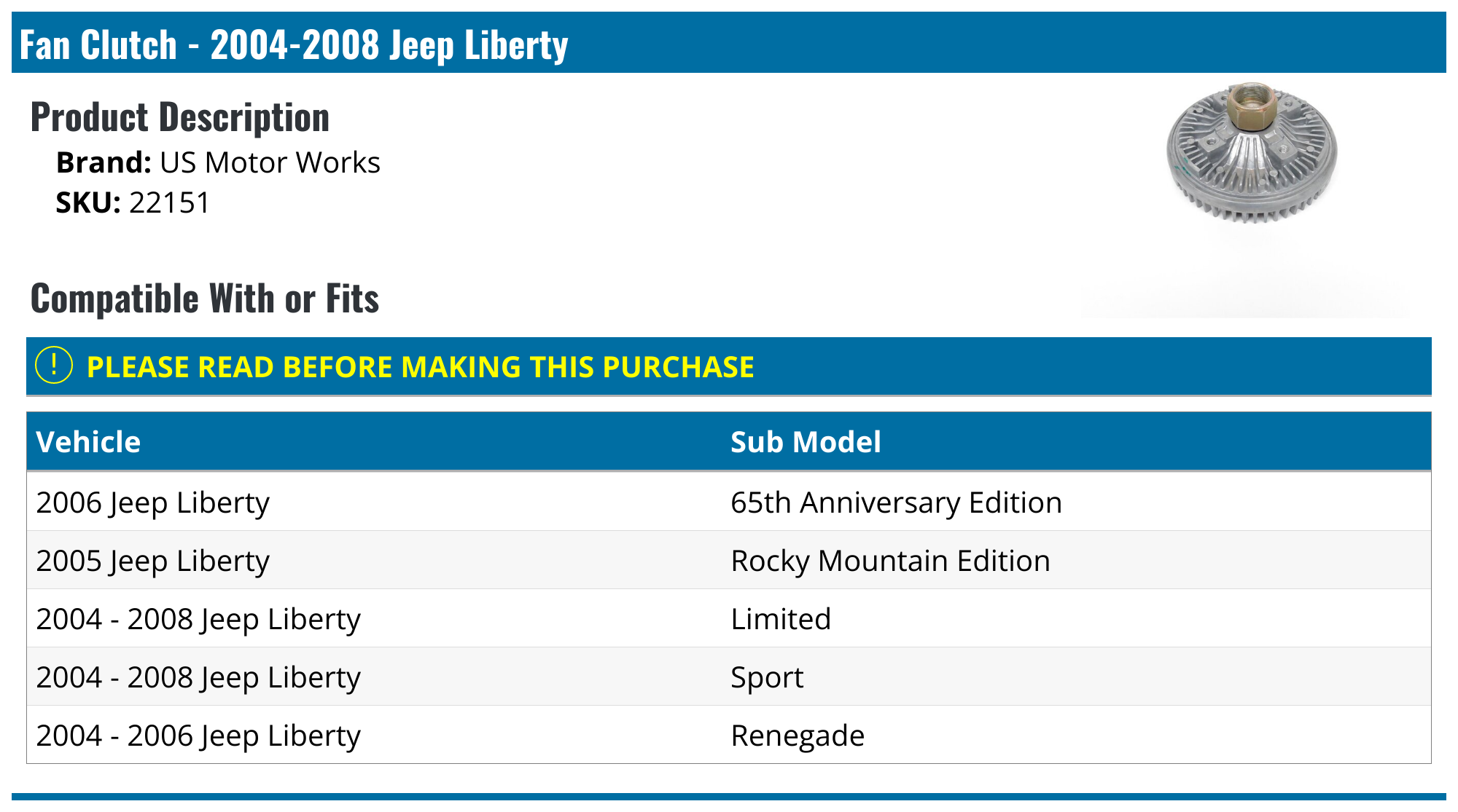 20042008 Jeep Liberty Fan Clutch US Motor Works 22151