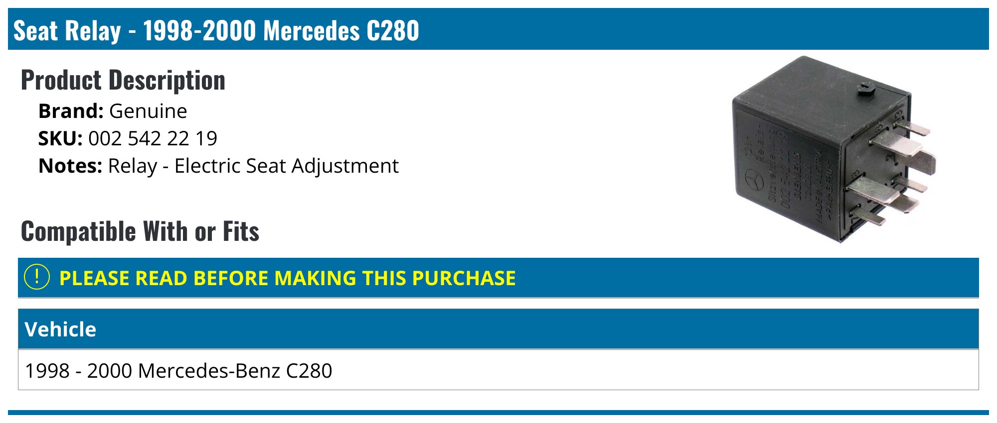 19982000 Mercedes C280 Seat Relay Genuine 002 542 22 19