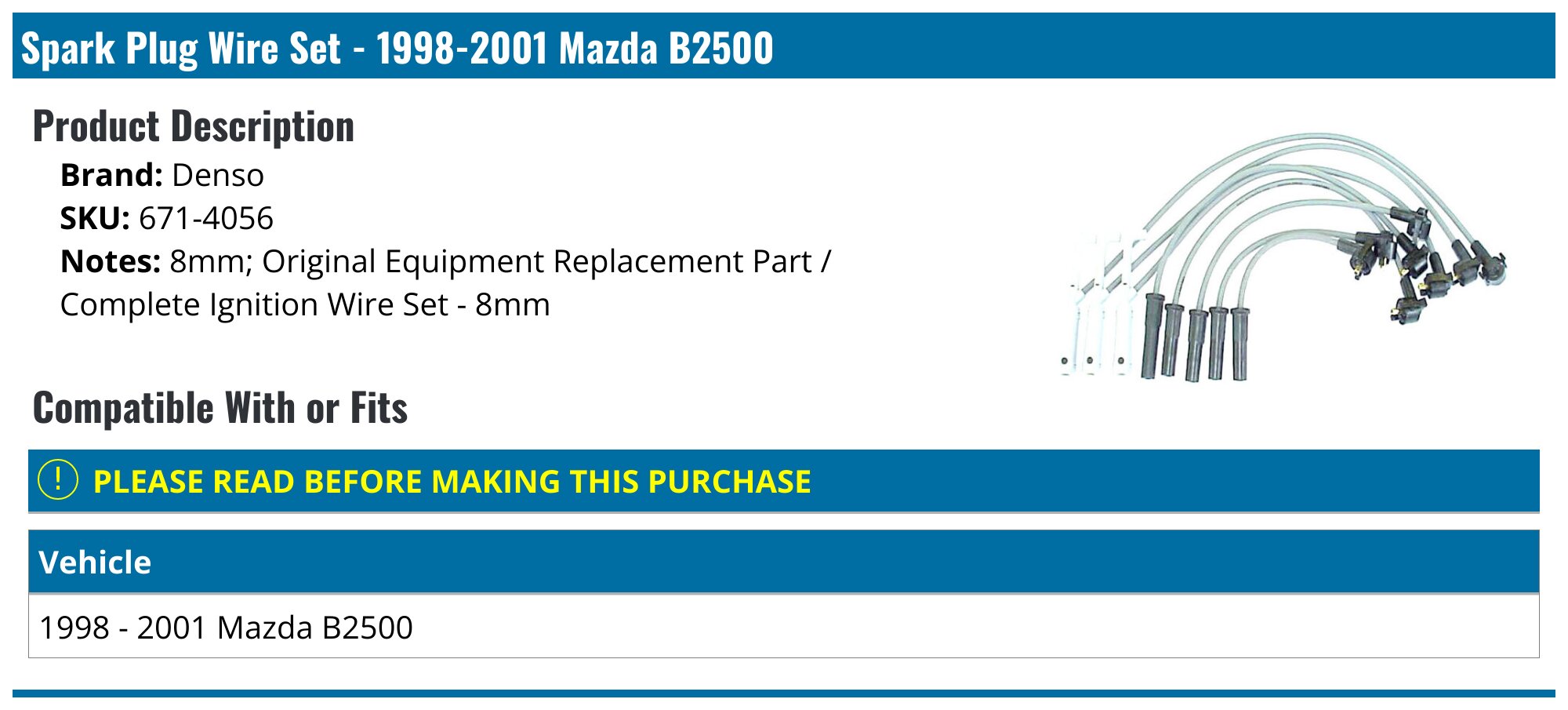 Spark Plug Wire Set For 1998-2001 Mazda B2500 2.5L 4 Cyl - Standard Motor Products 21724PH