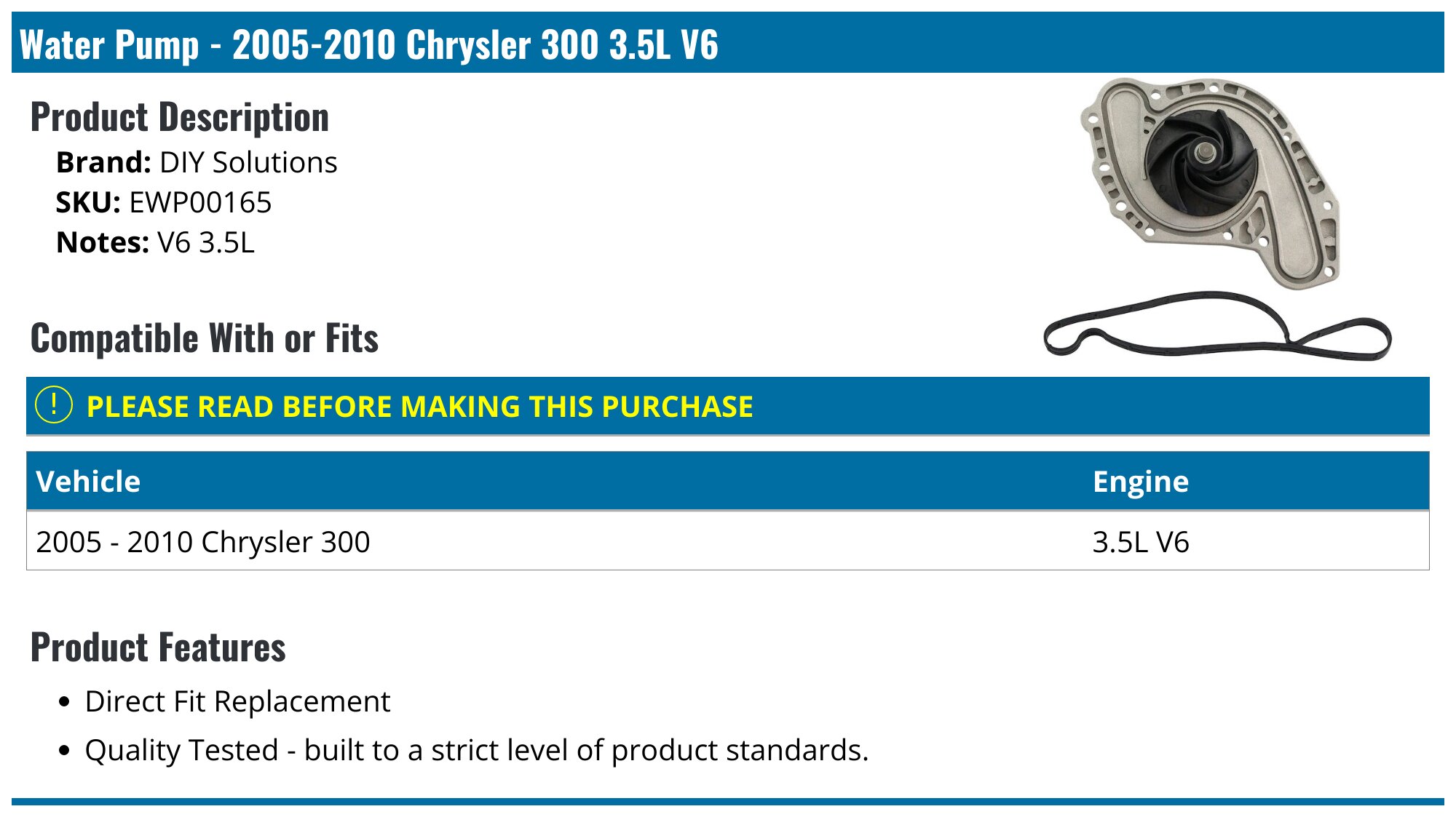 Water Pump Engine Coolant For Chrysler/Dodge 3.5L & 4.0L V6