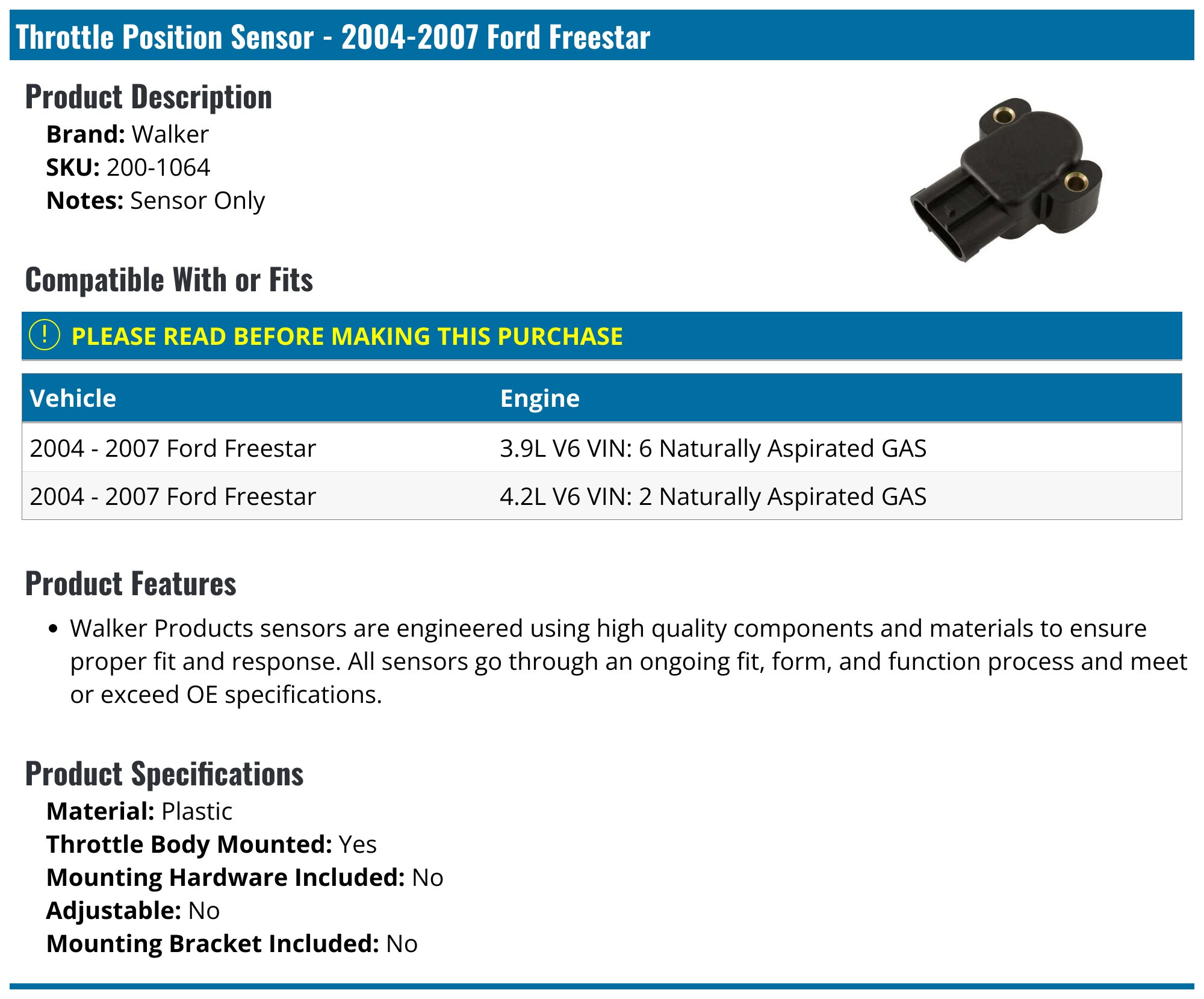 Walker Products 200-1323 Throttle Position Sensor 200-1323