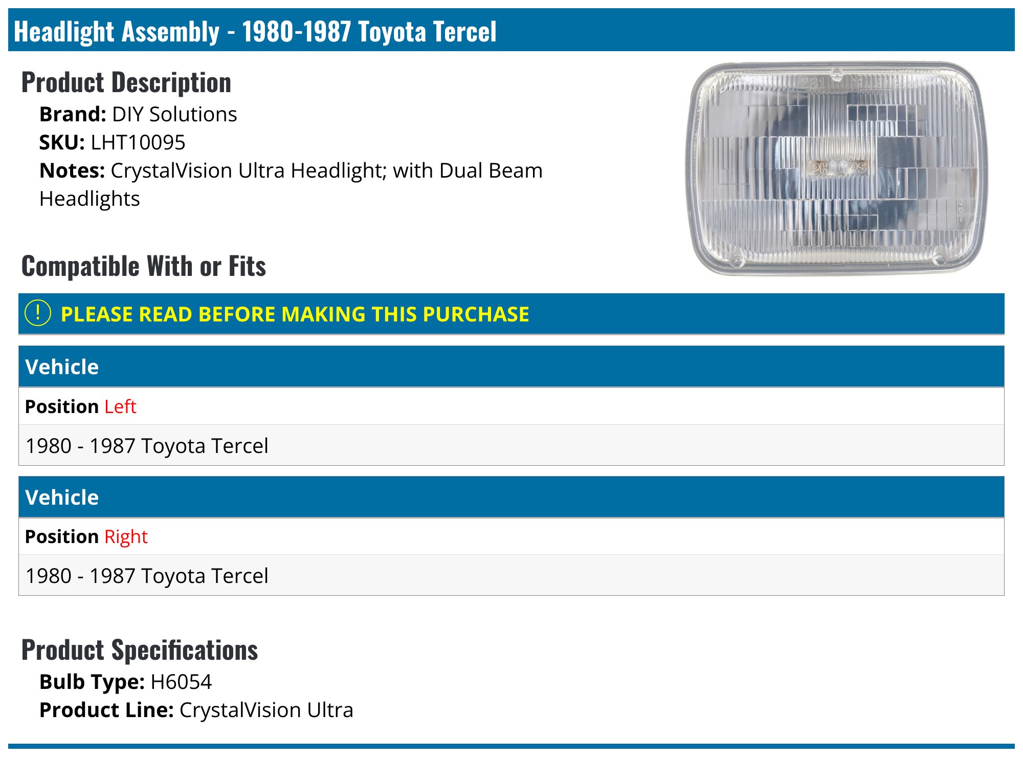 1980-1987 Toyota Tercel Headlight Assembly - DIY Solutions LHT10095 ...