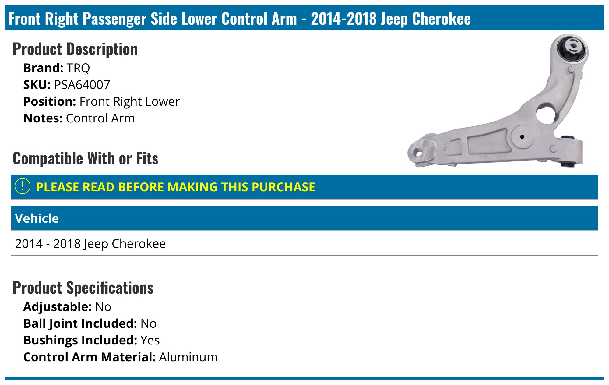 Front Right Lower Control Arm With Ball Joint – Fits 2014–2018 Jeep Cherokee, Passenger Side, 10-Year Warranty