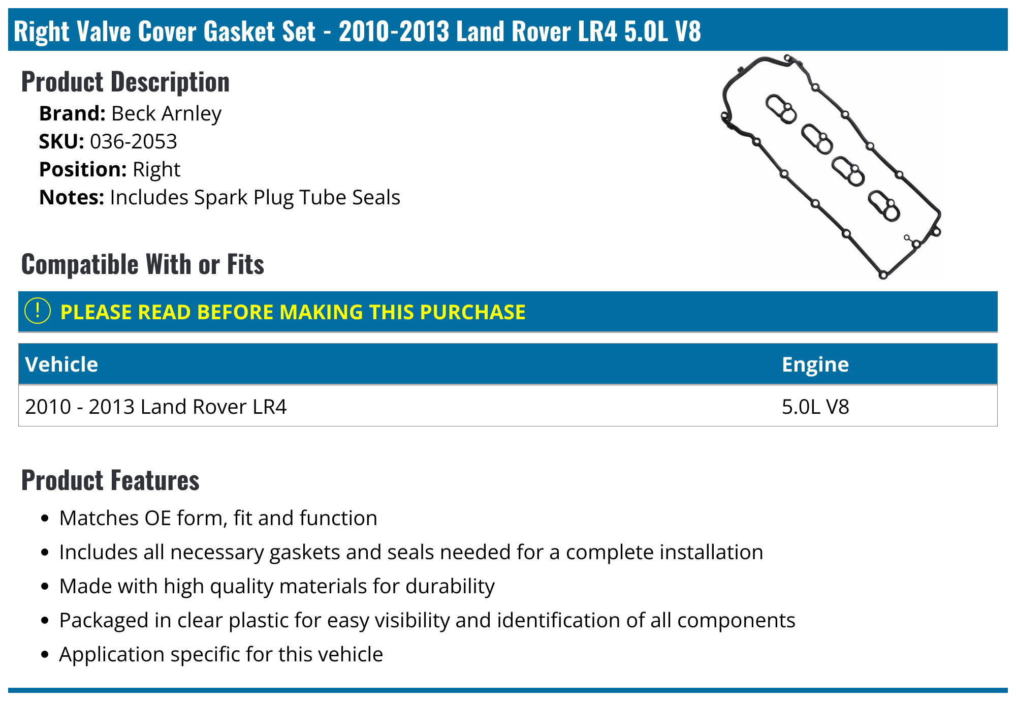 20102013 Land Rover LR4 Valve Cover Gasket Beck Arnley 0362053