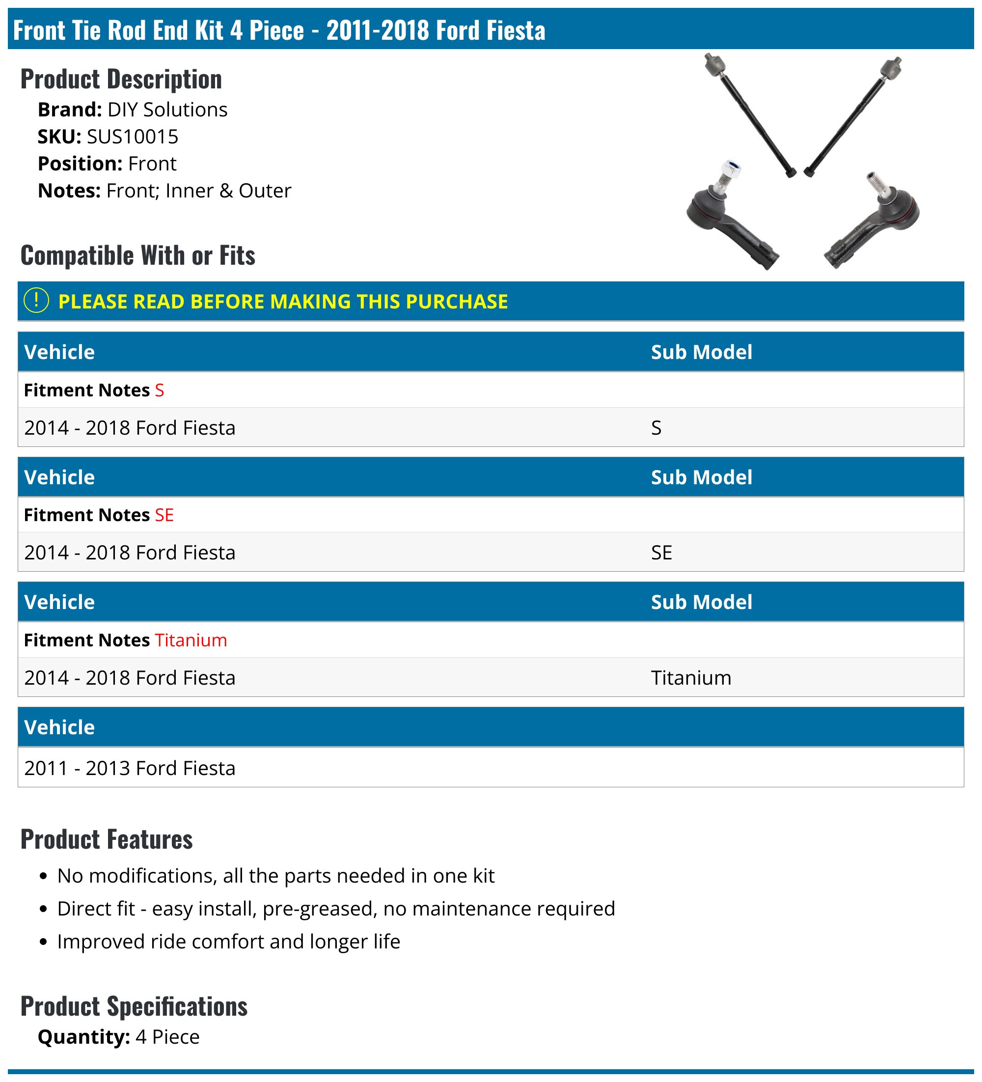 20112018 Ford Fiesta Tie Rod End DIY Solutions SUS10015 Front