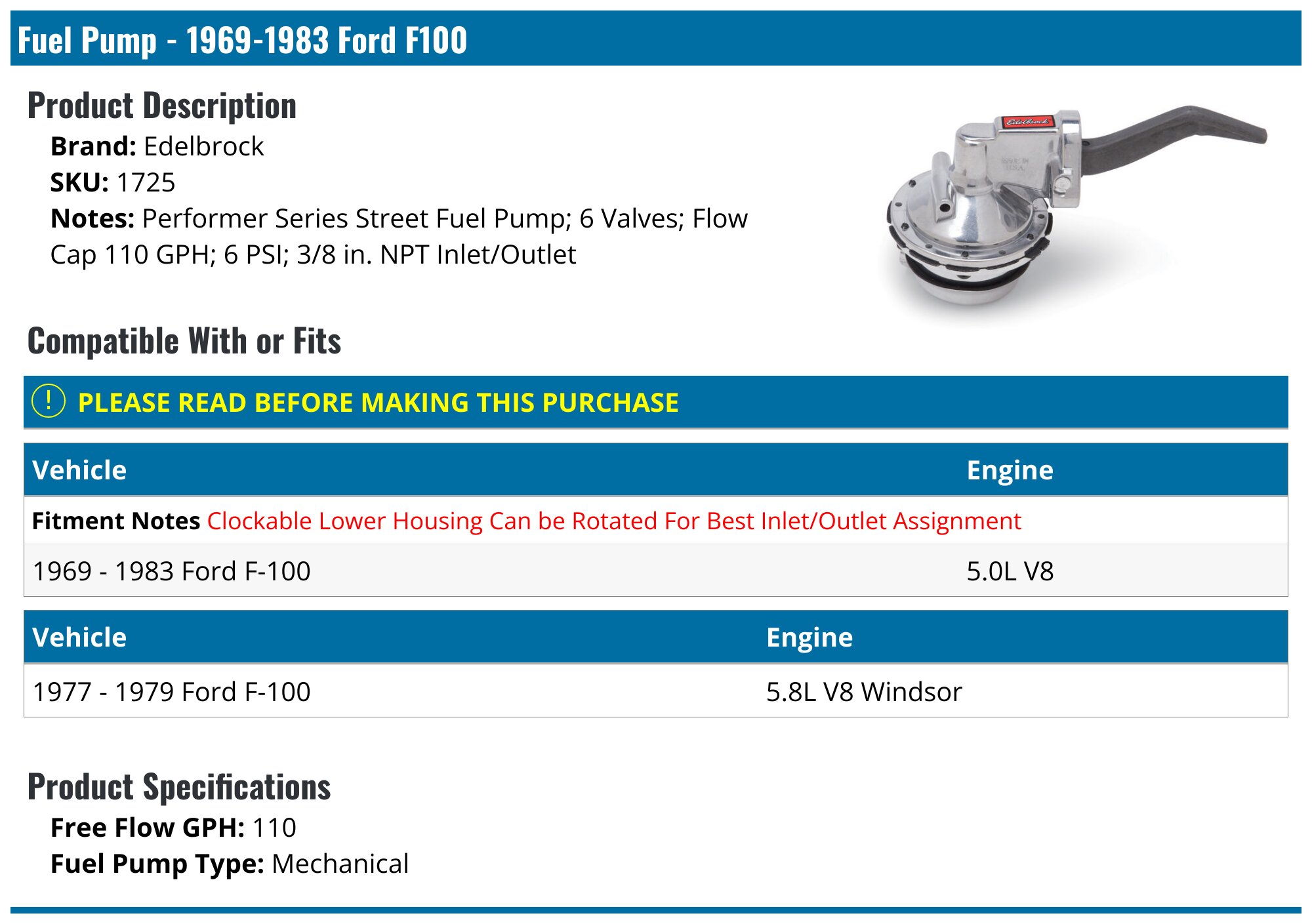 Electric Fuel Pump For 1953-1983 Ford F100 - 42844FZ - External Mount, 12 Month Warranty