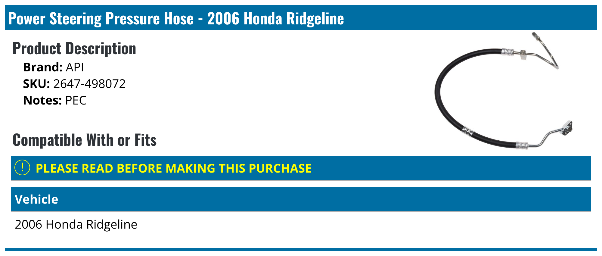 2006 Honda Ridgeline Power Steering Hose API 1856902663531