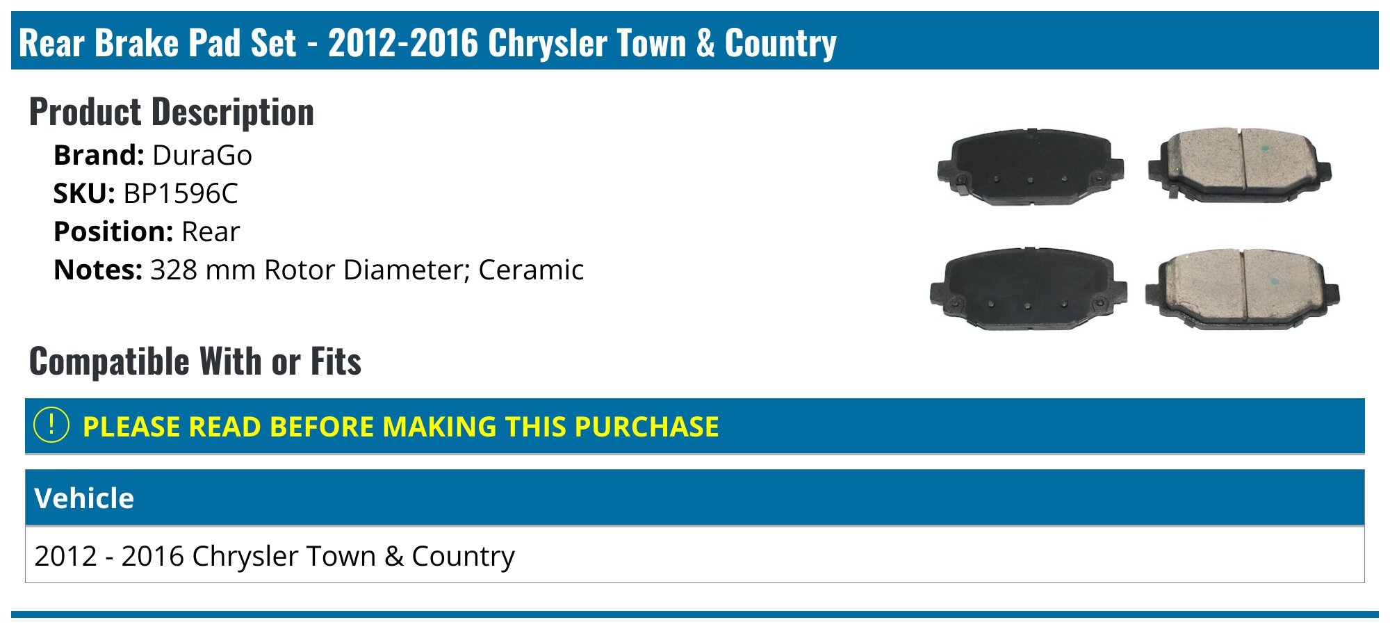 Auto Shack Rear Ceramic Brake Pad Kit For Dodge Grand Caravan, Chrysler Town & Country, VW Routan – 3.6L, 2012-2016