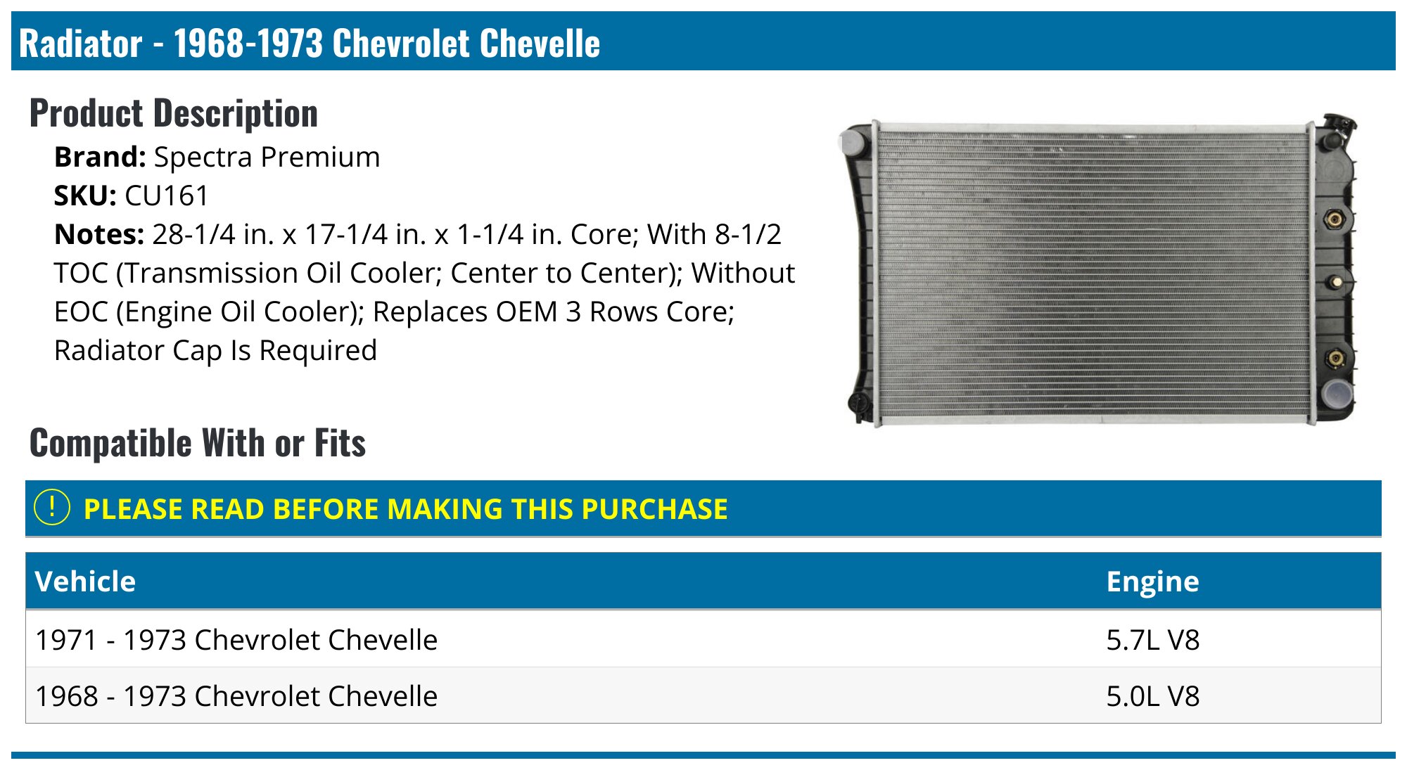 1968-1973 Chevrolet Chevelle Radiator - Spectra Premium CU161 ...