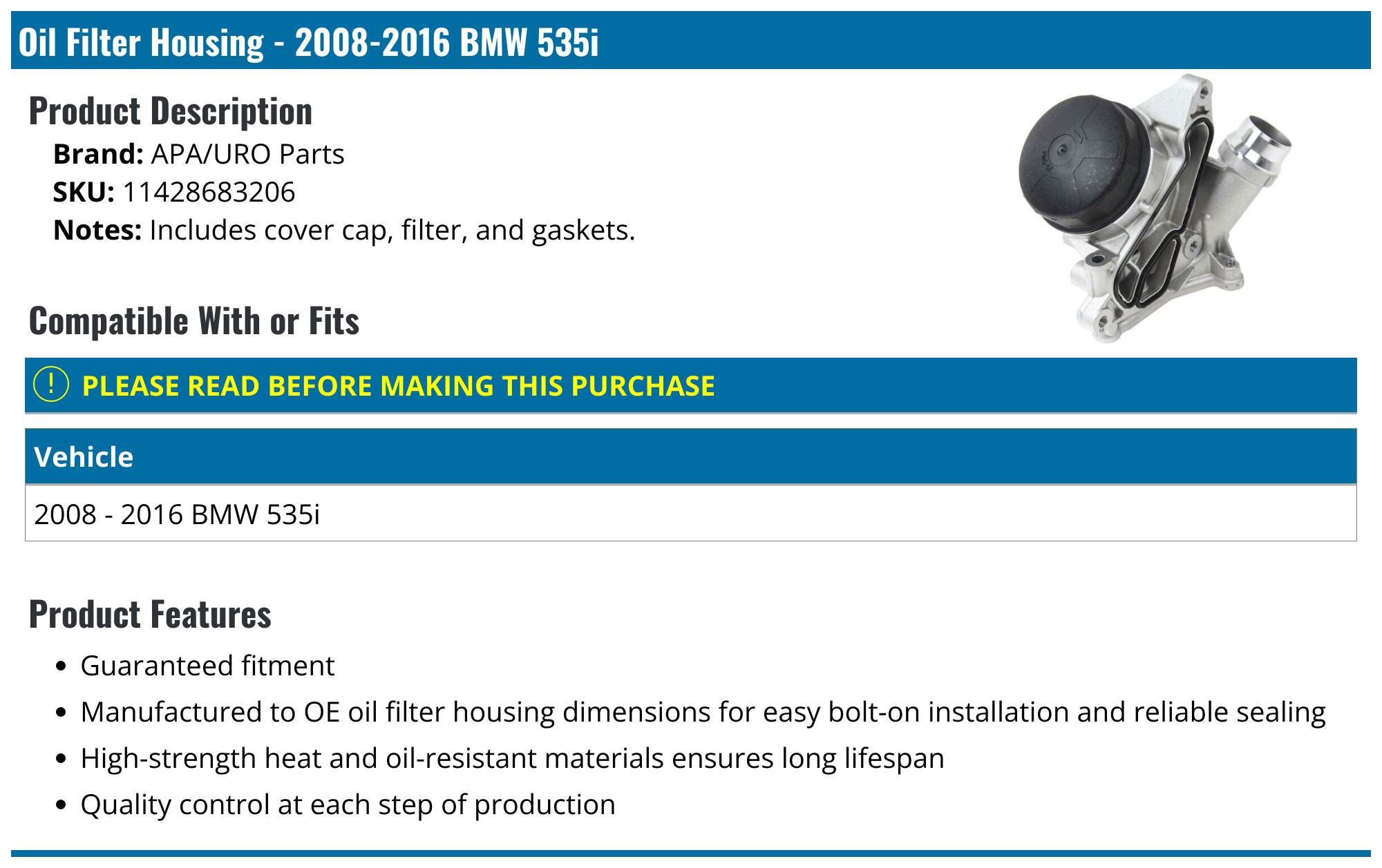 20082016 BMW 535i Oil Filter Housing APA/URO Parts 11428683206