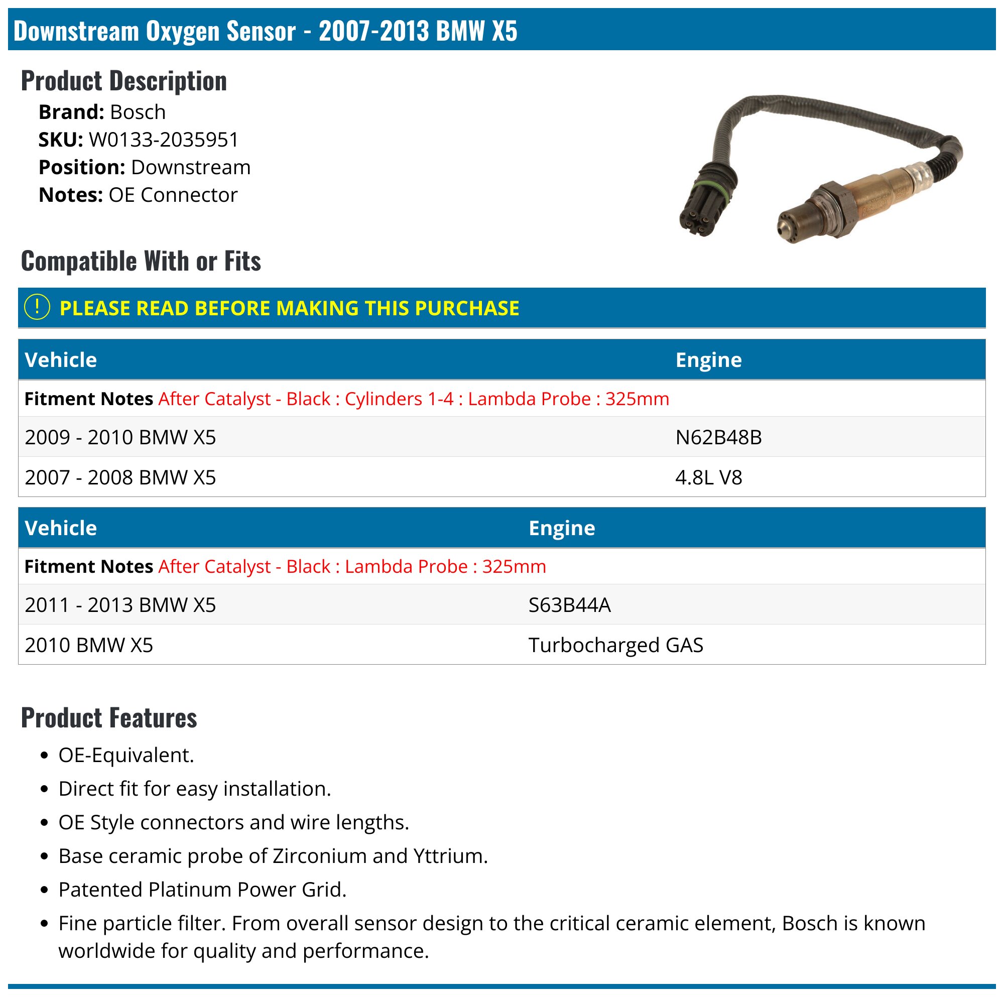 2007-2013 BMW X5 Oxygen Sensor - Bosch W0133-2035951 - Downstream ...