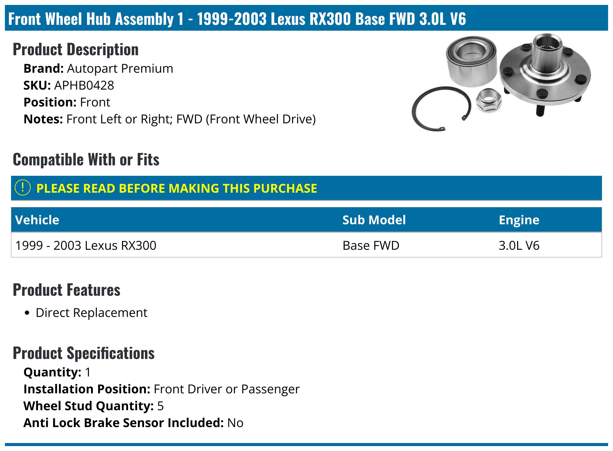 Hub Assembly - 2000 Lexus RX300 | O'Reilly Auto Parts