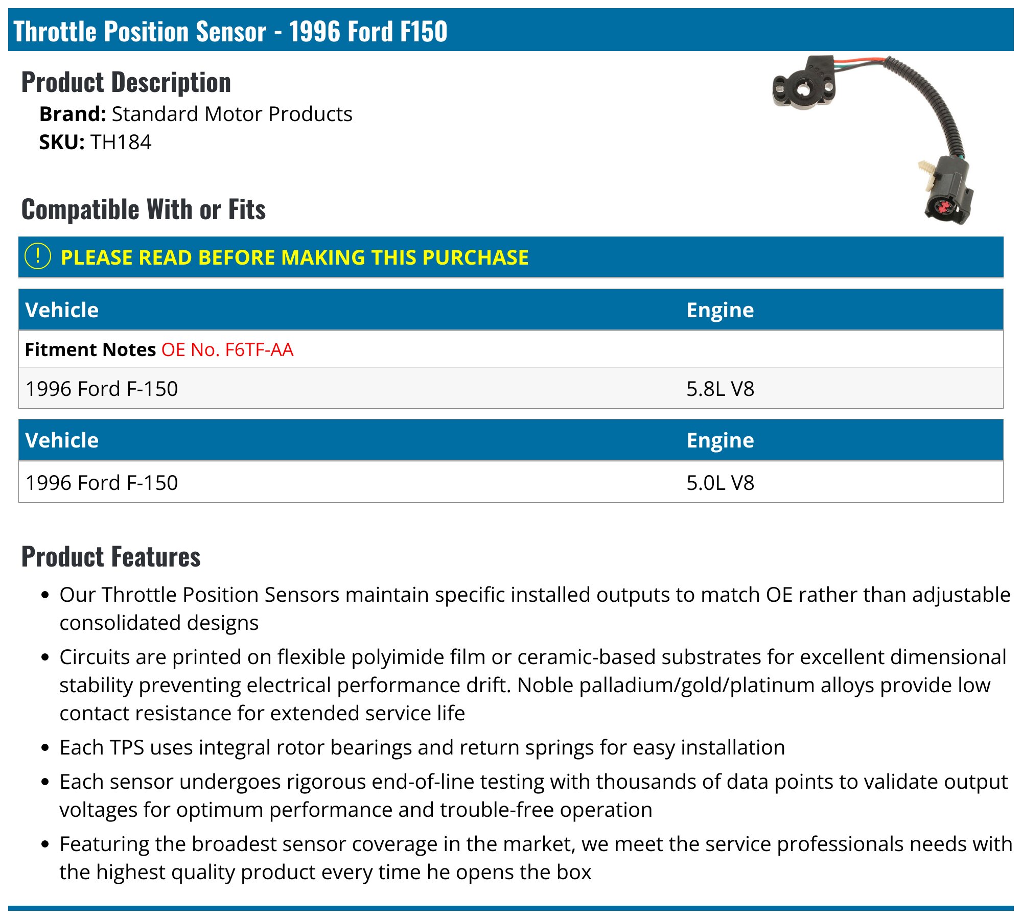 1996 Ford F150 Throttle Position Sensor Standard Motor Products TH184