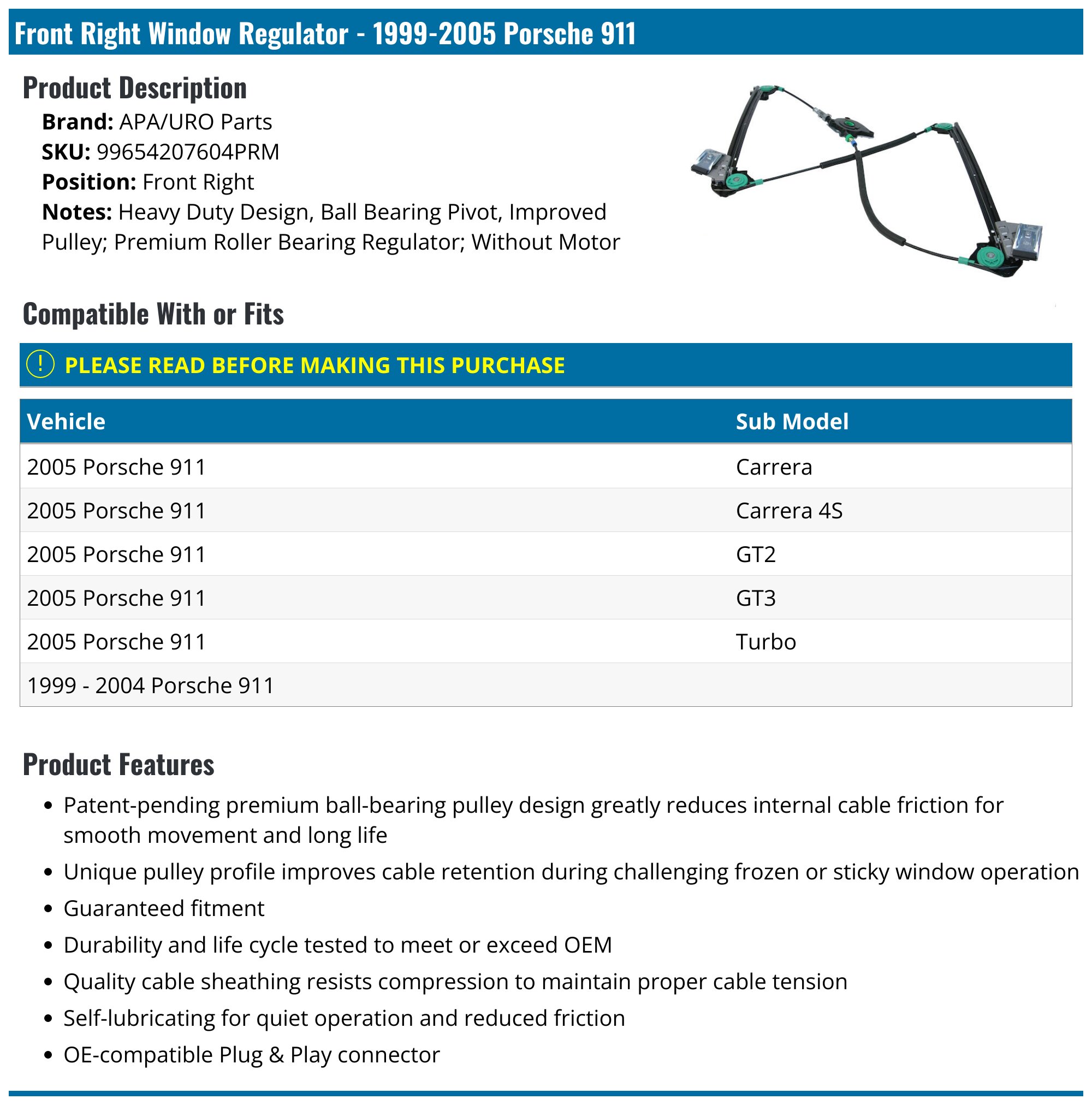 2006-12 Porsche 911 Convertible Quarter Window Regulator Repair Kit Rear Driver
