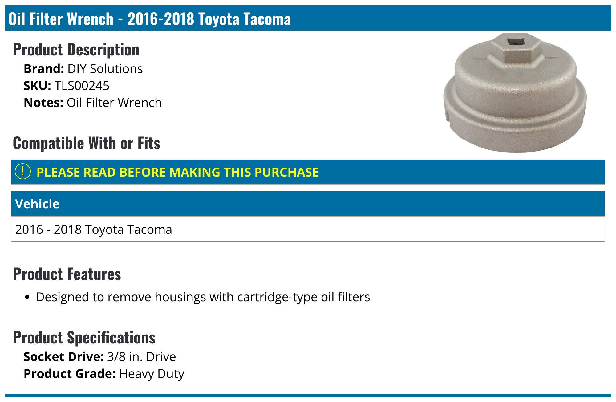 20162018 Toyota Oil Filter Wrench DIY Solutions TLS00245