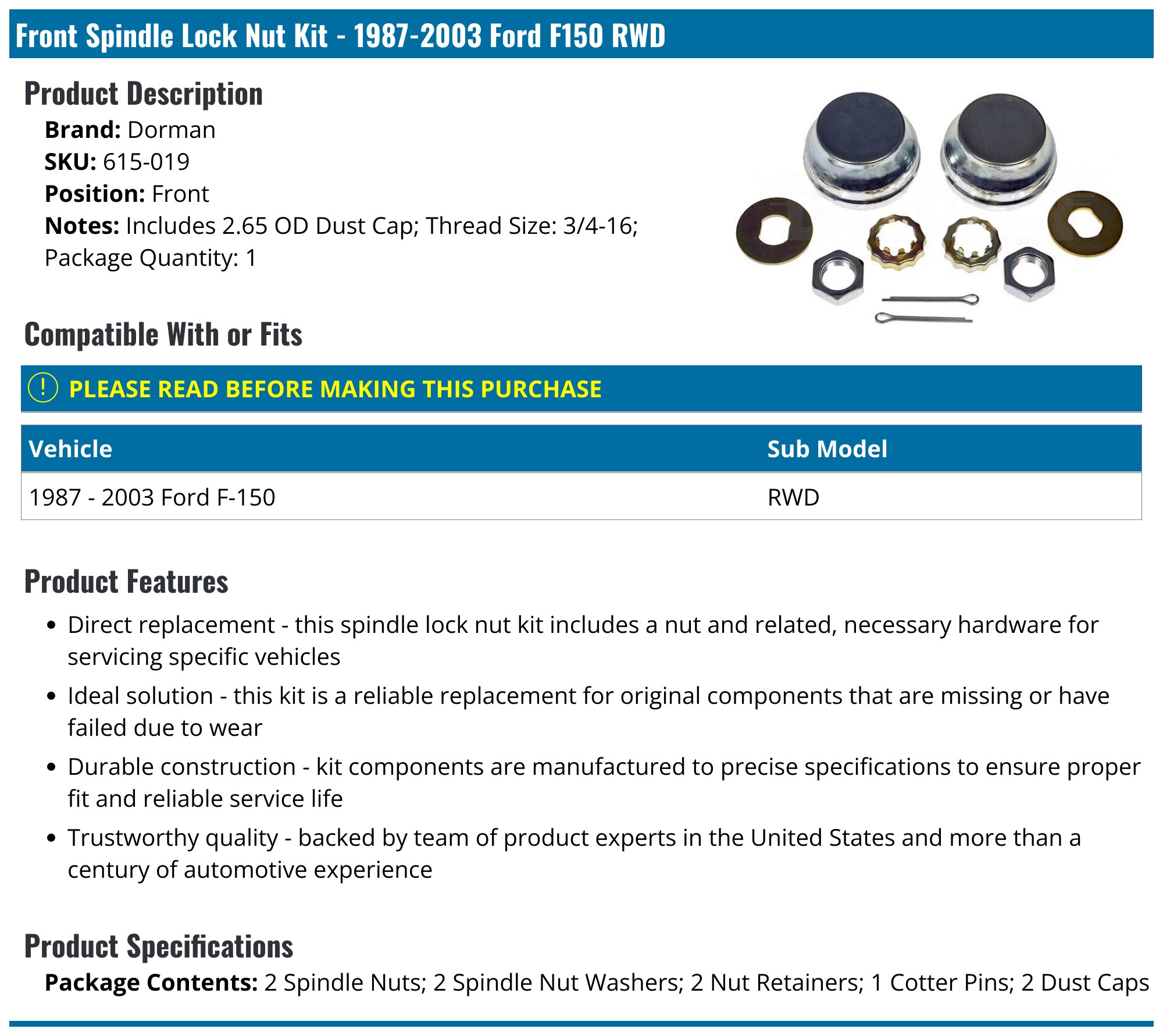 1987-2003 Ford F150 Spindle Lock Nut Kit - Dorman 615-019 - Front