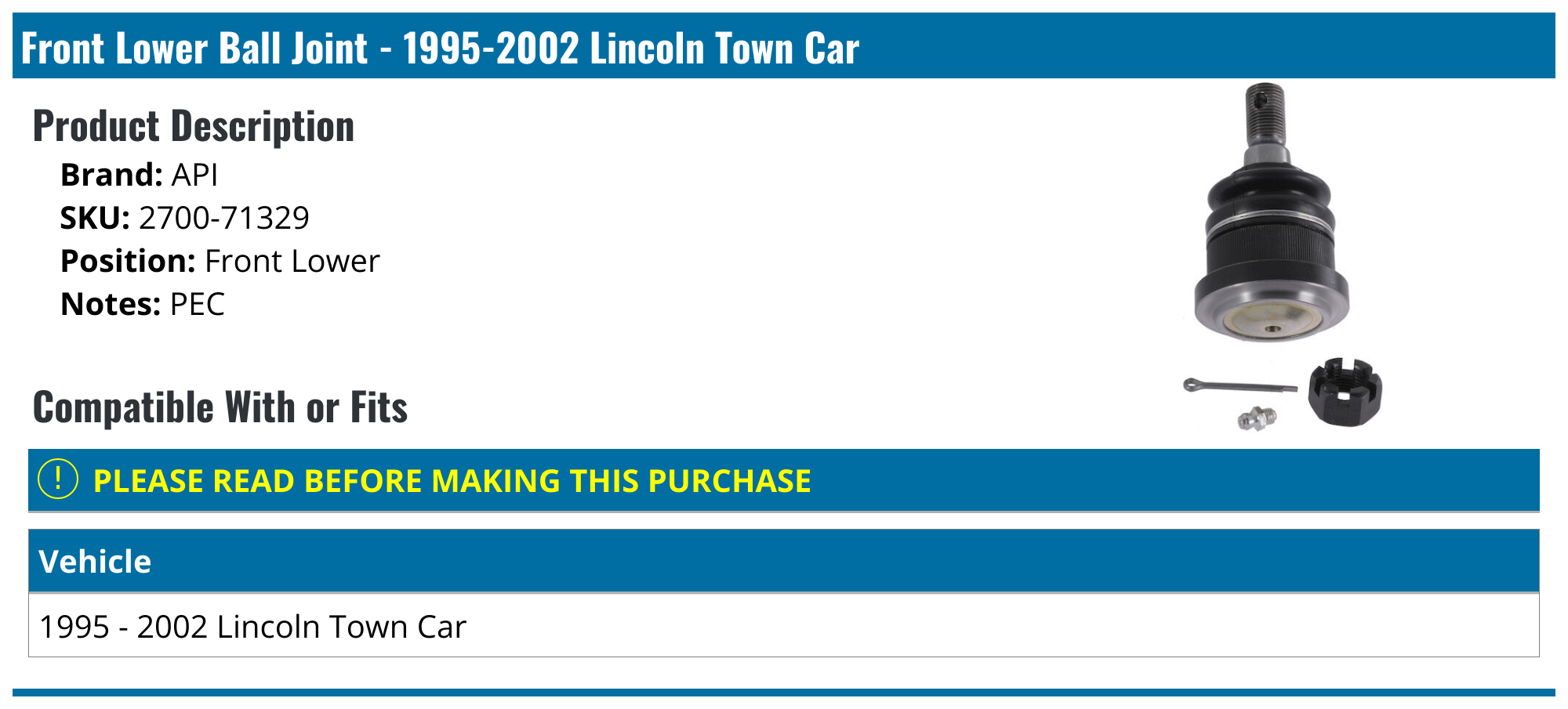 19952002 Lincoln Town Car Ball Joint API 567707876482 Front Lower