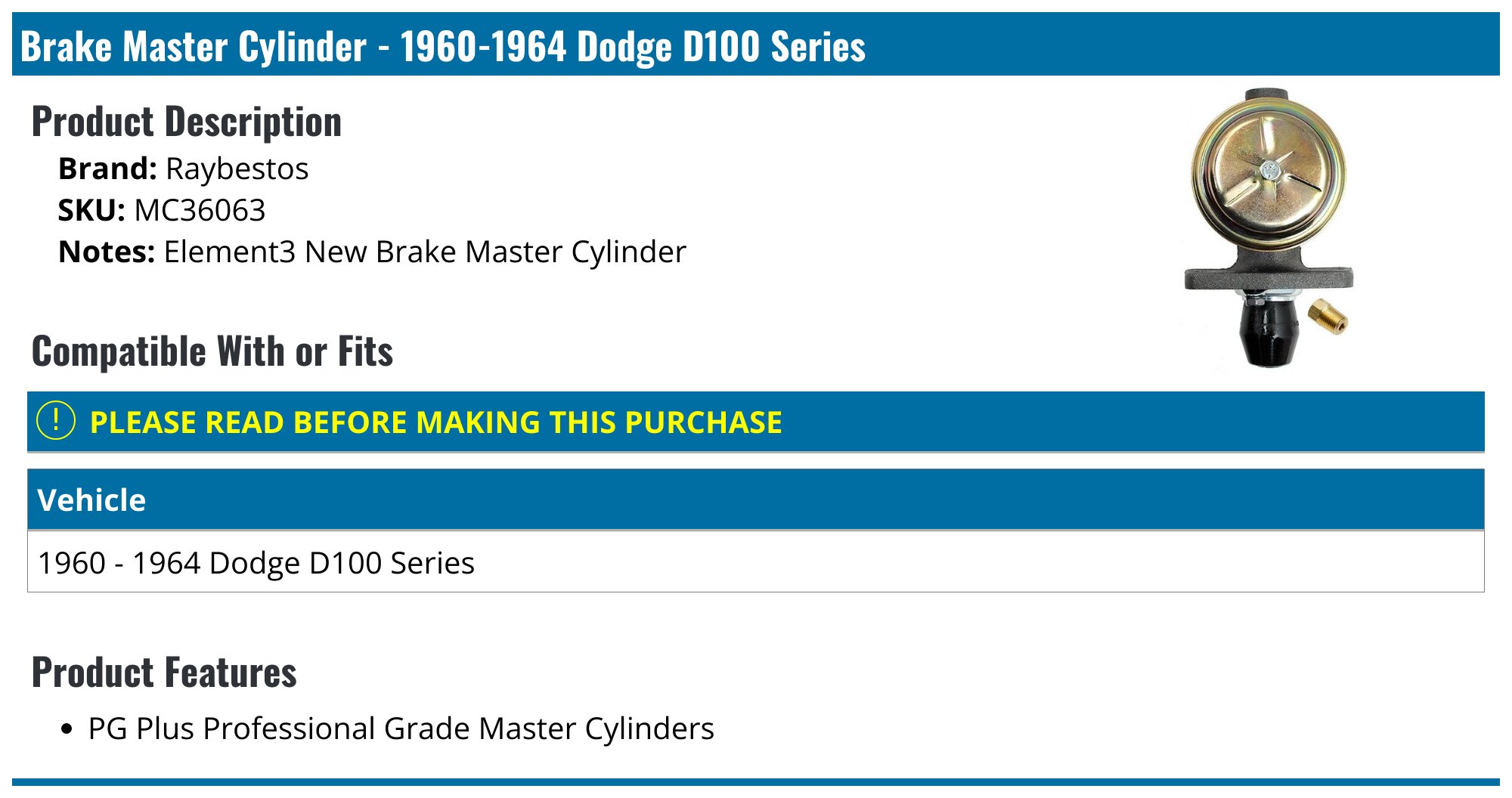 1960-1964 Dodge D100 Series Brake Master Cylinder - Raybestos MC36063 ...