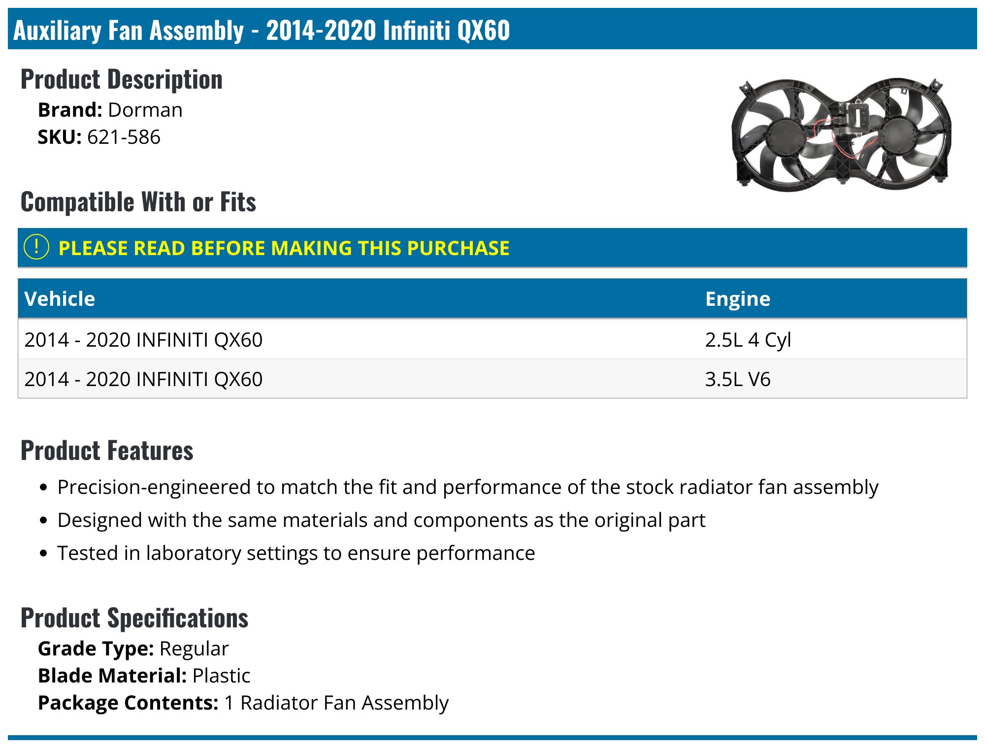 2014-2020, 2022-2023 Infiniti QX60 Radiator Fan Assembly - Dorman 