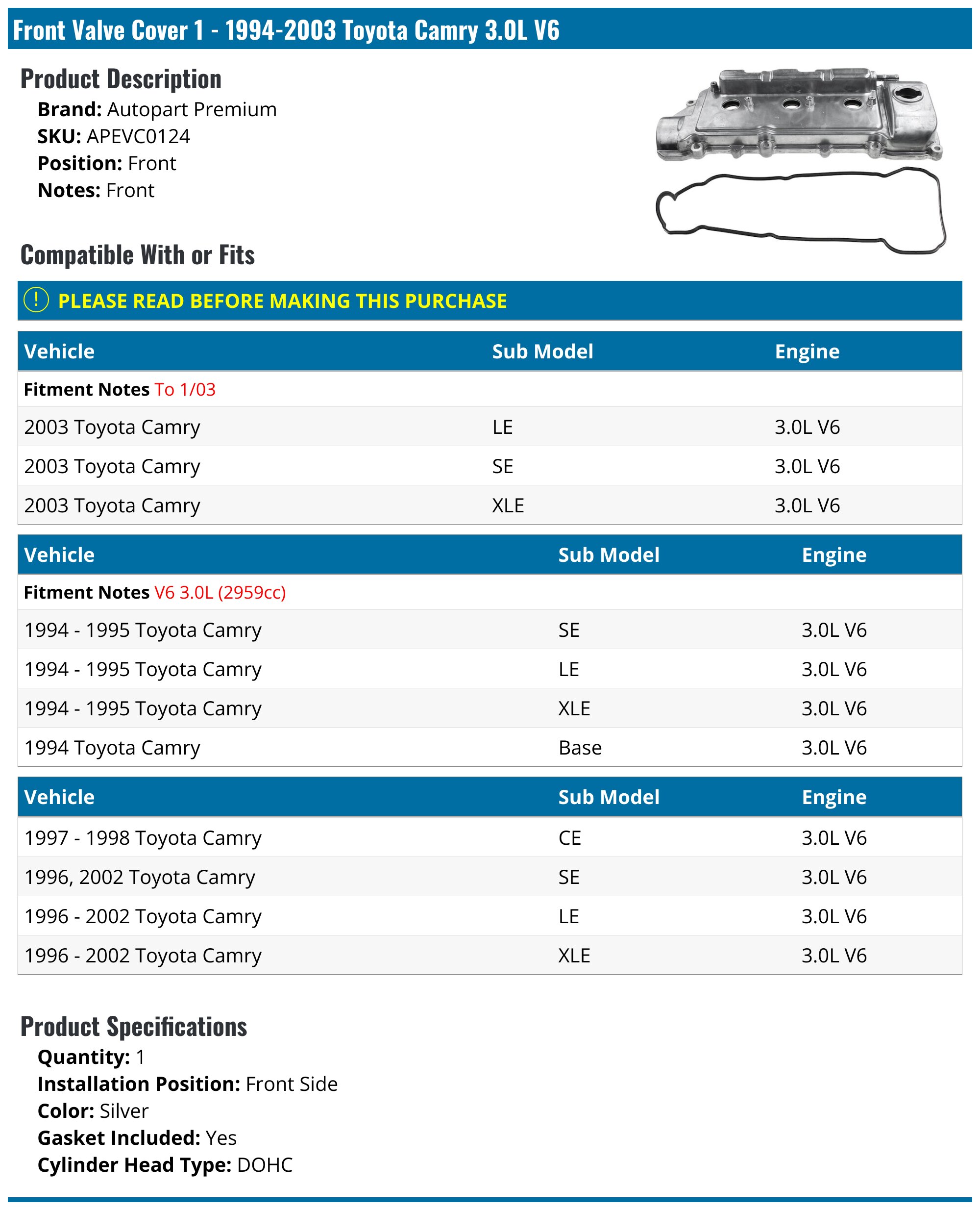 1994-2003 Toyota Camry Valve Cover - Autopart Premium APEVC0124 - Front ...