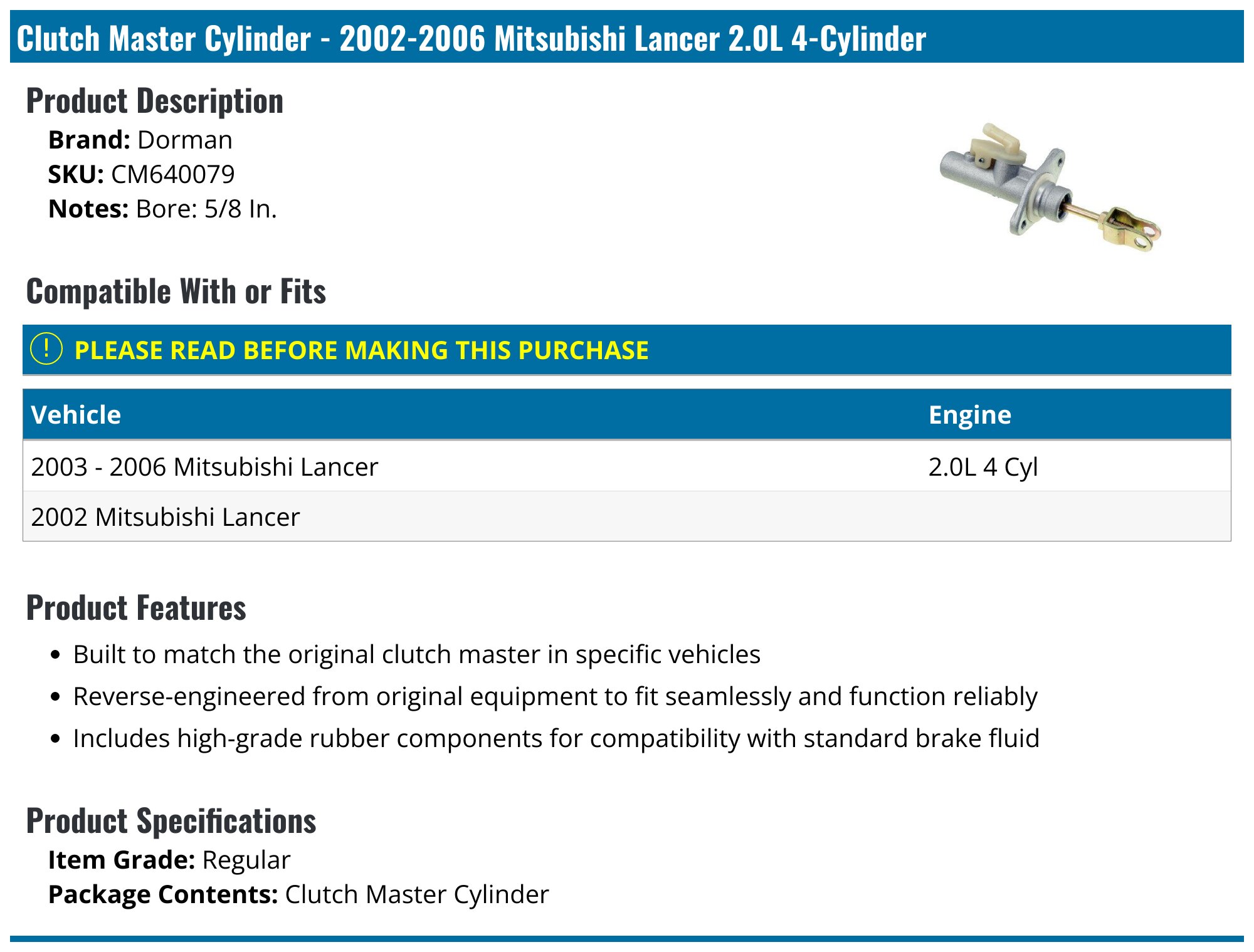 20022006 Mitsubishi Lancer Clutch Master Cylinder Dorman CM640079