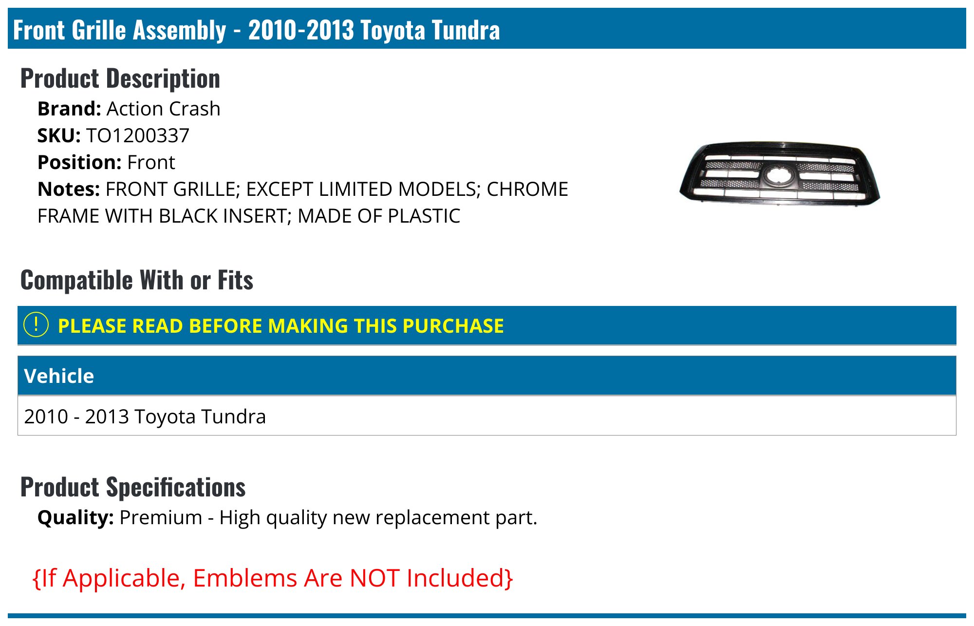 To1200337 2010-2013 Toyota Tundra Grille Assembly - Action Crash TO1200337 ...