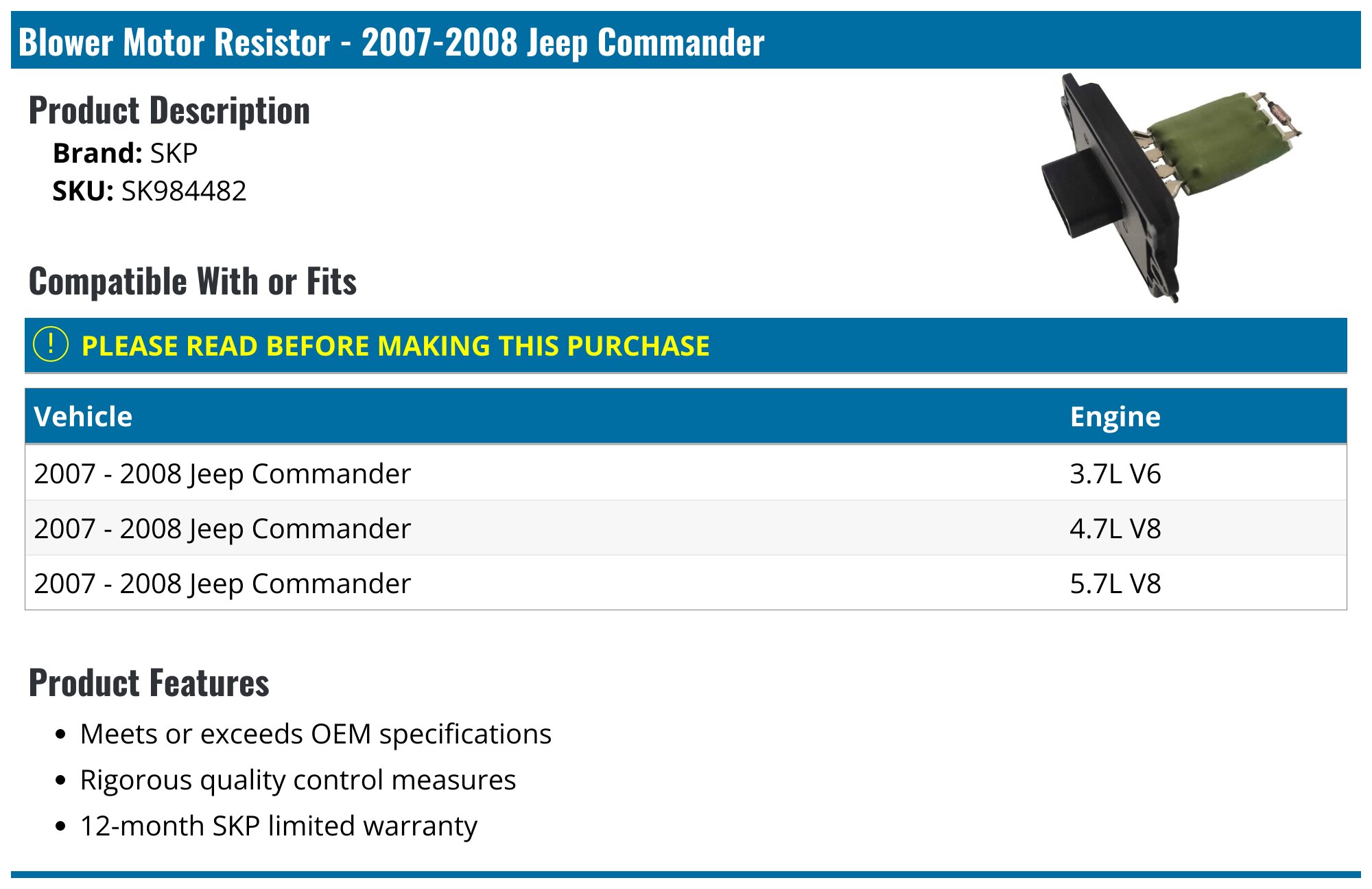 Jeep Commander Blower Motor Resistor - Replacement Blower Motor ...
