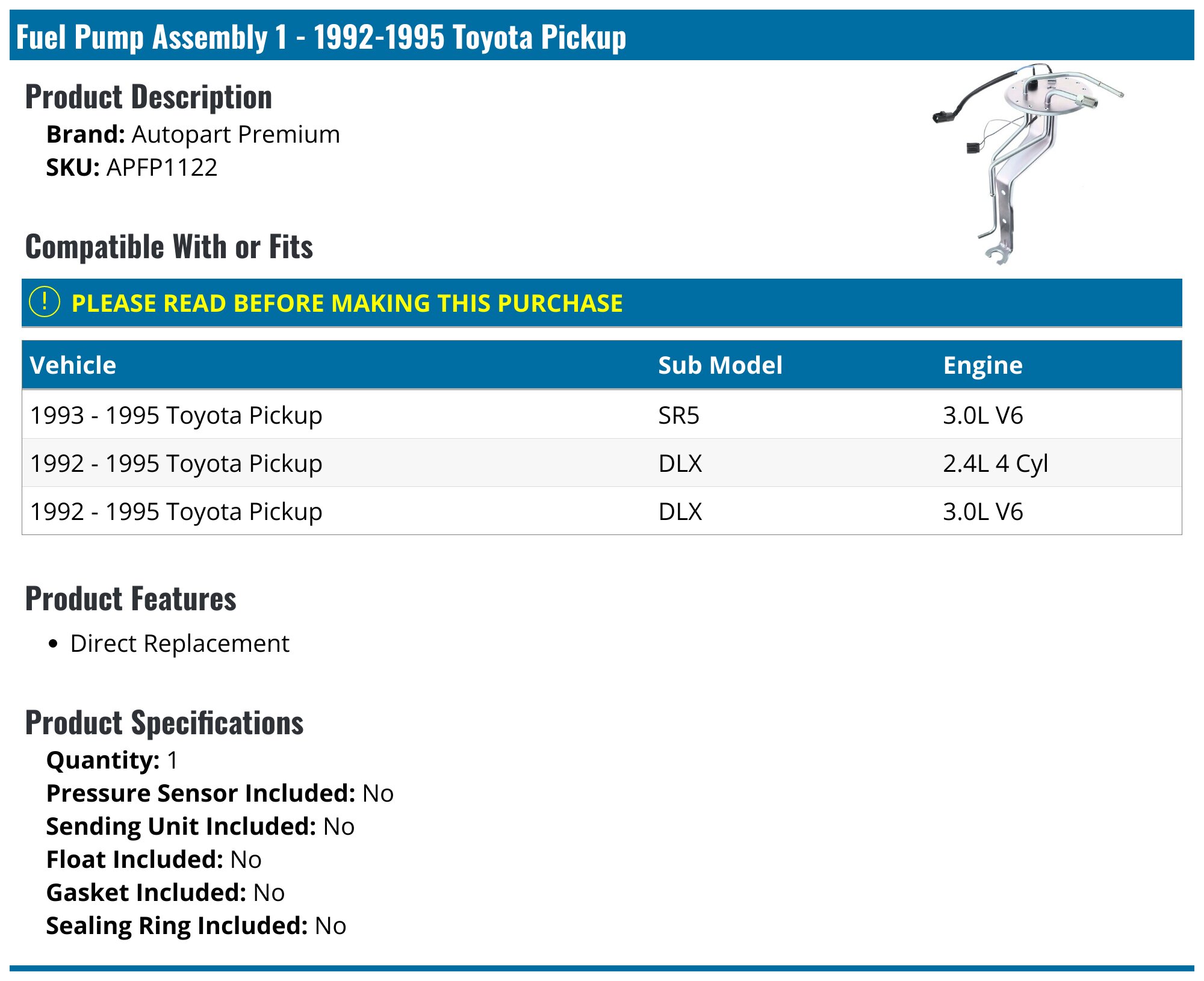 1992-1995 Toyota Pickup Fuel Pump - Autopart Premium APFP1122 ...