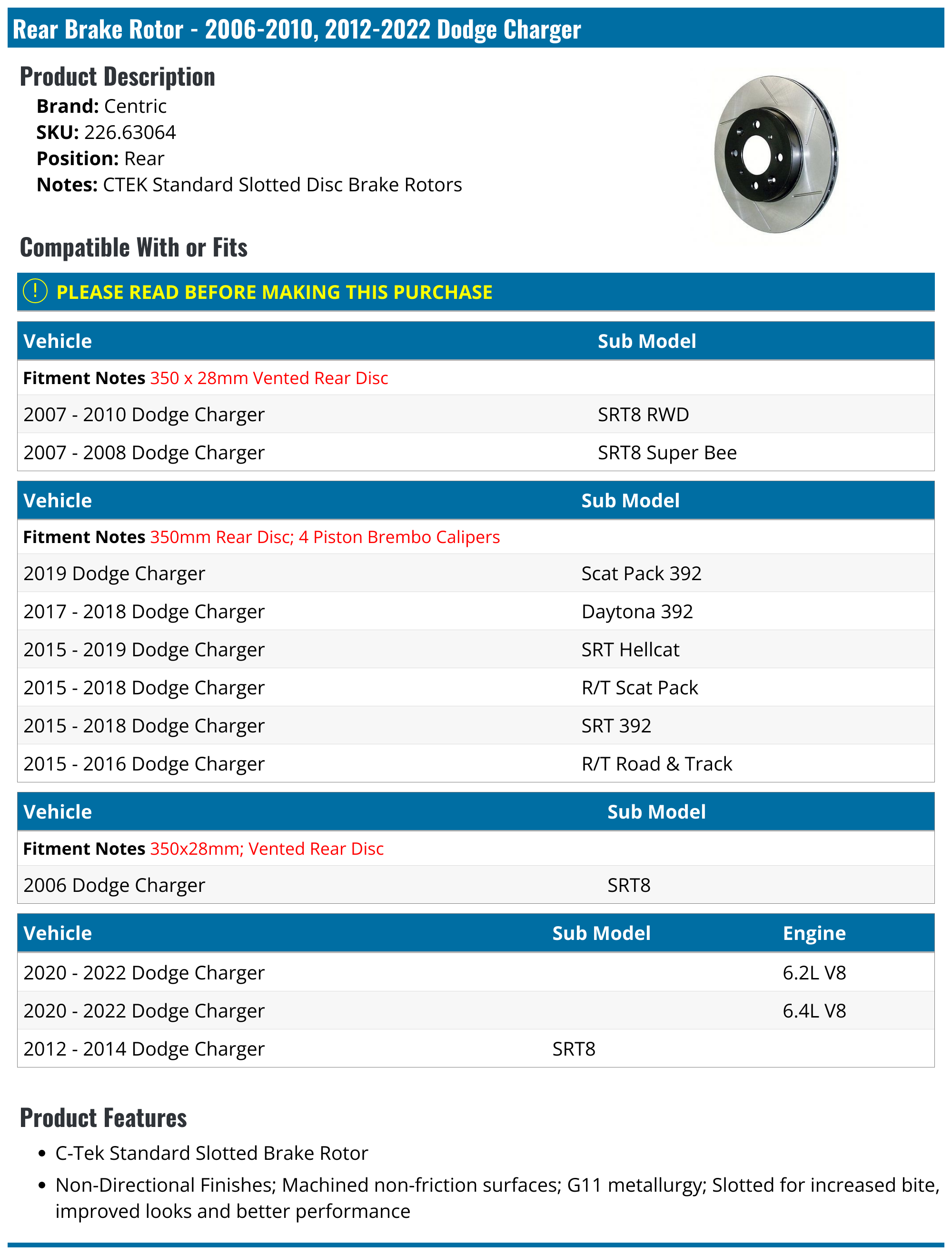 20062010, 20122022 Dodge Charger Brake Rotor Centric 226.63064