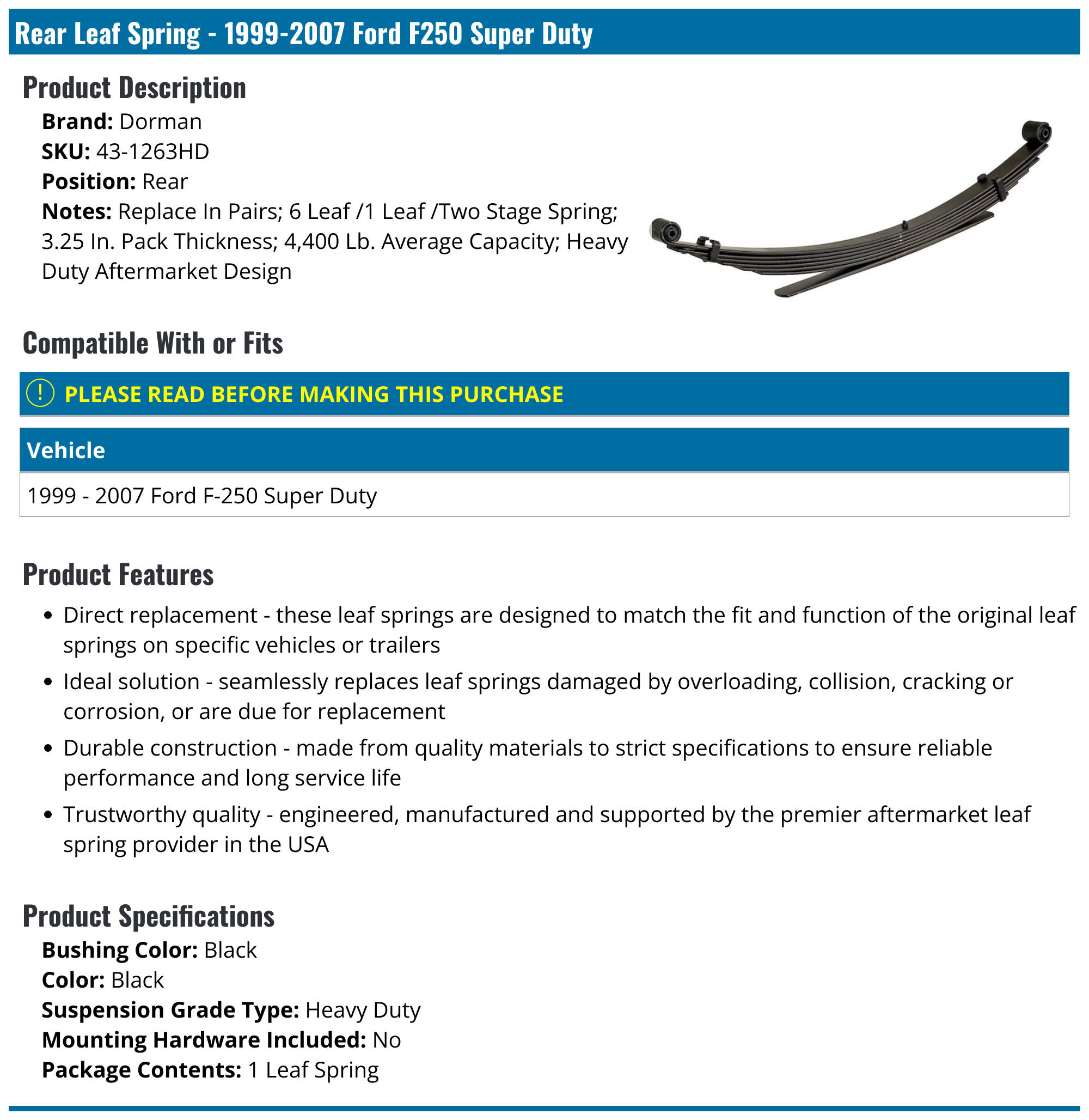 19992007 Ford F250 Super Duty Leaf Spring Dorman 431263HD Rear