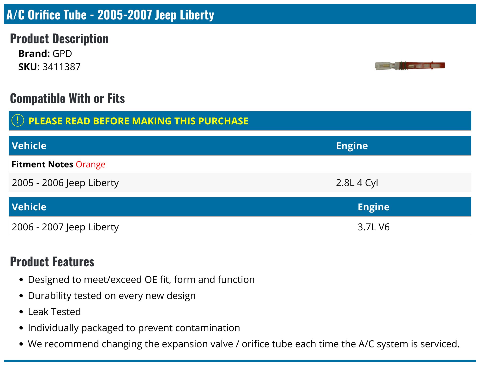 20052007 Jeep Liberty A/C Orifice Tube GPD 3411387